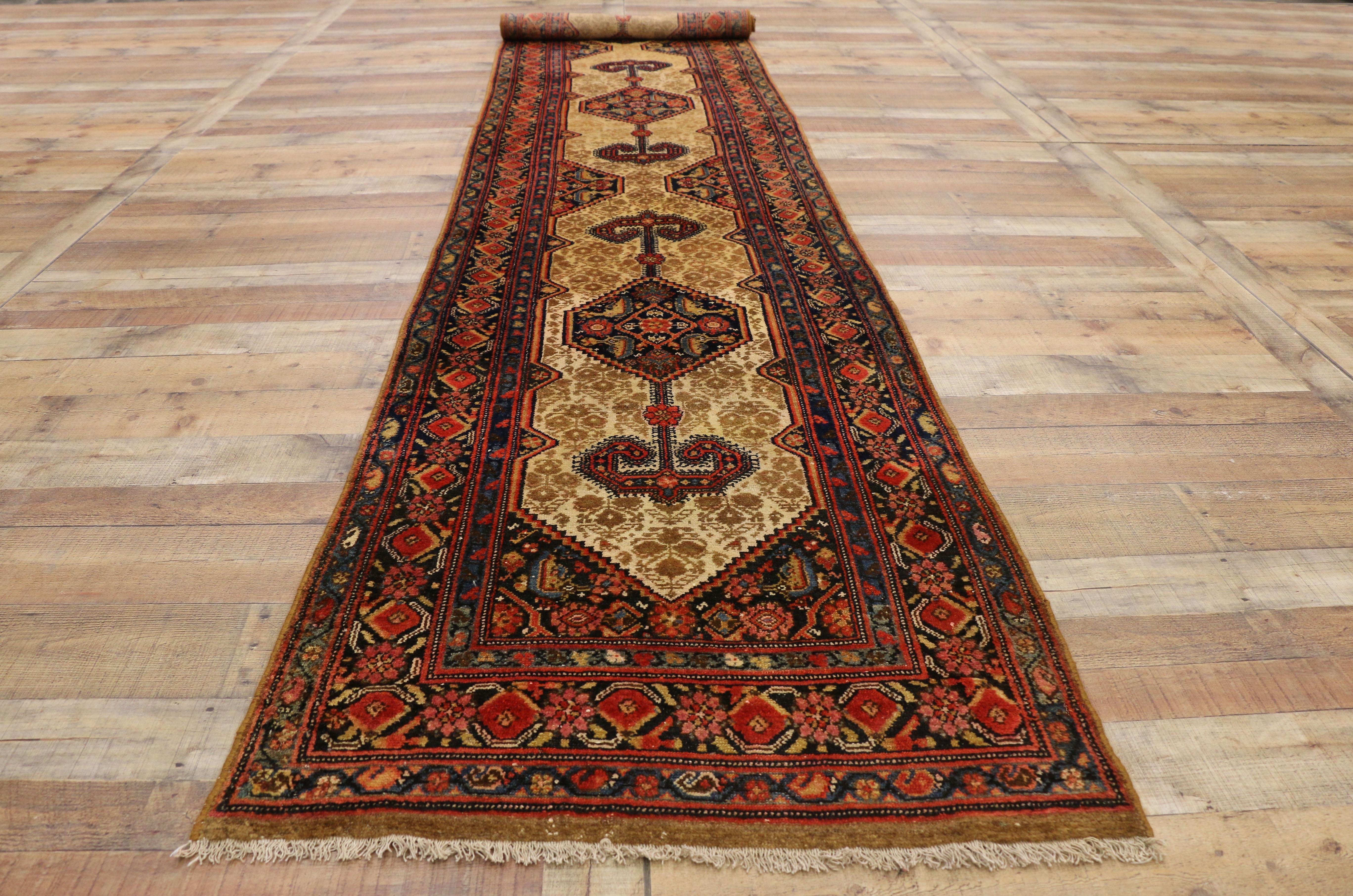 Wool Antique Persian Malayer Long Hallway Runner with Tudor Manor House Style For Sale