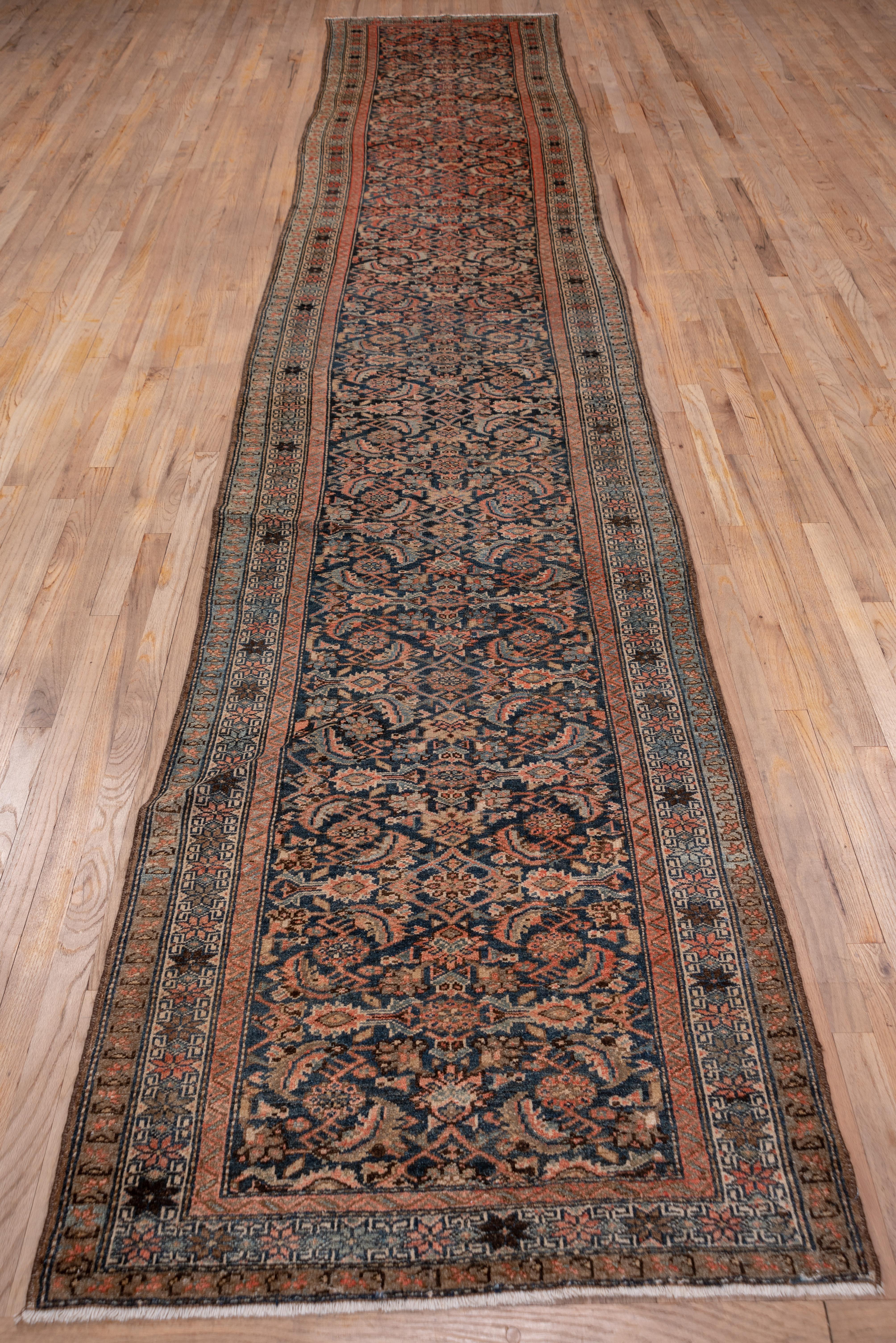 Antique Persian Malayer Long Runner, Blue All-Over Field with Coral Accents In Good Condition For Sale In New York, NY