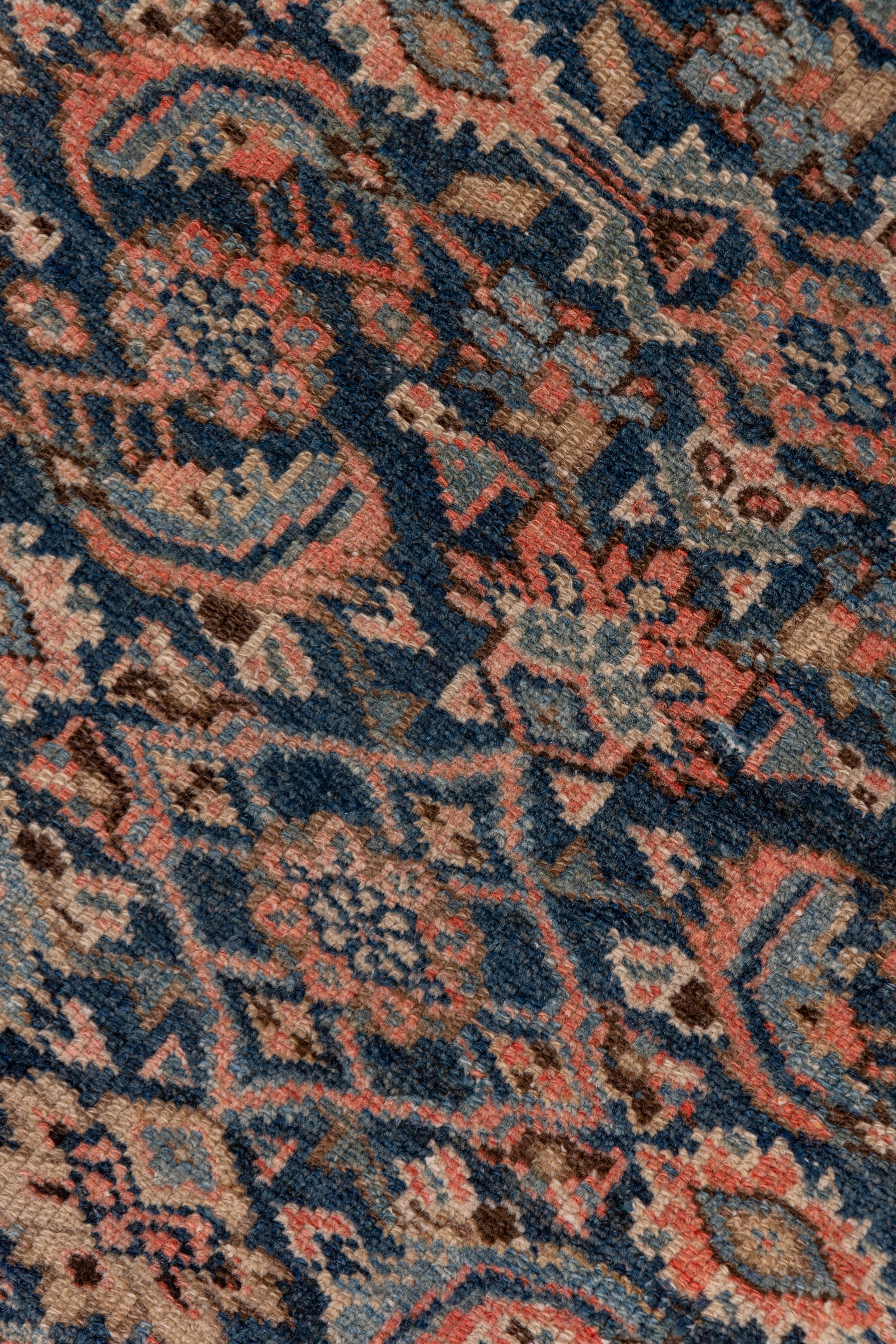 Wool Antique Persian Malayer Long Runner, Blue All-Over Field with Coral Accents For Sale