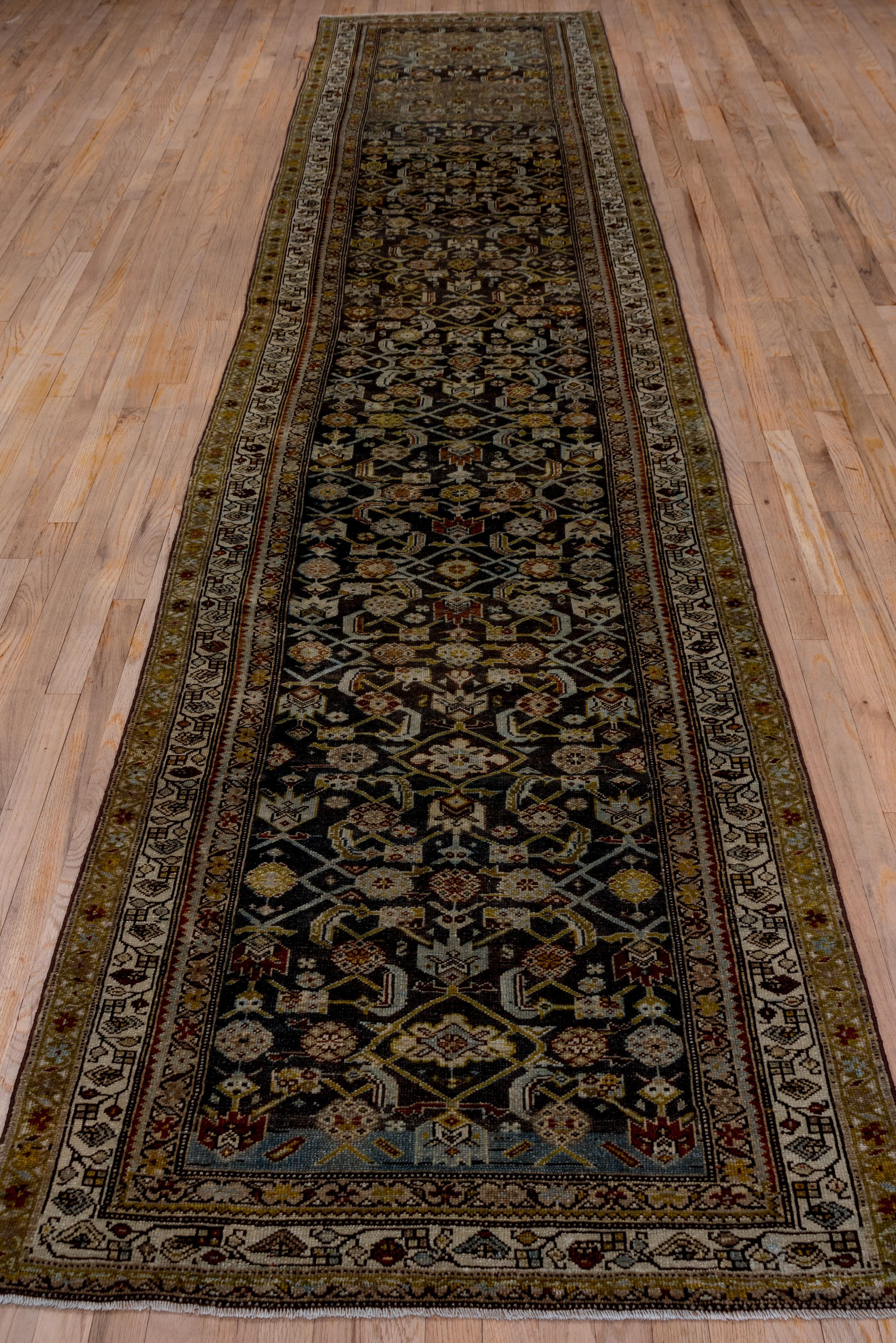 Hand-Knotted Antique Persian Malayer Long Runner, Charcoal Herati Field, Olive & Gray Borders For Sale