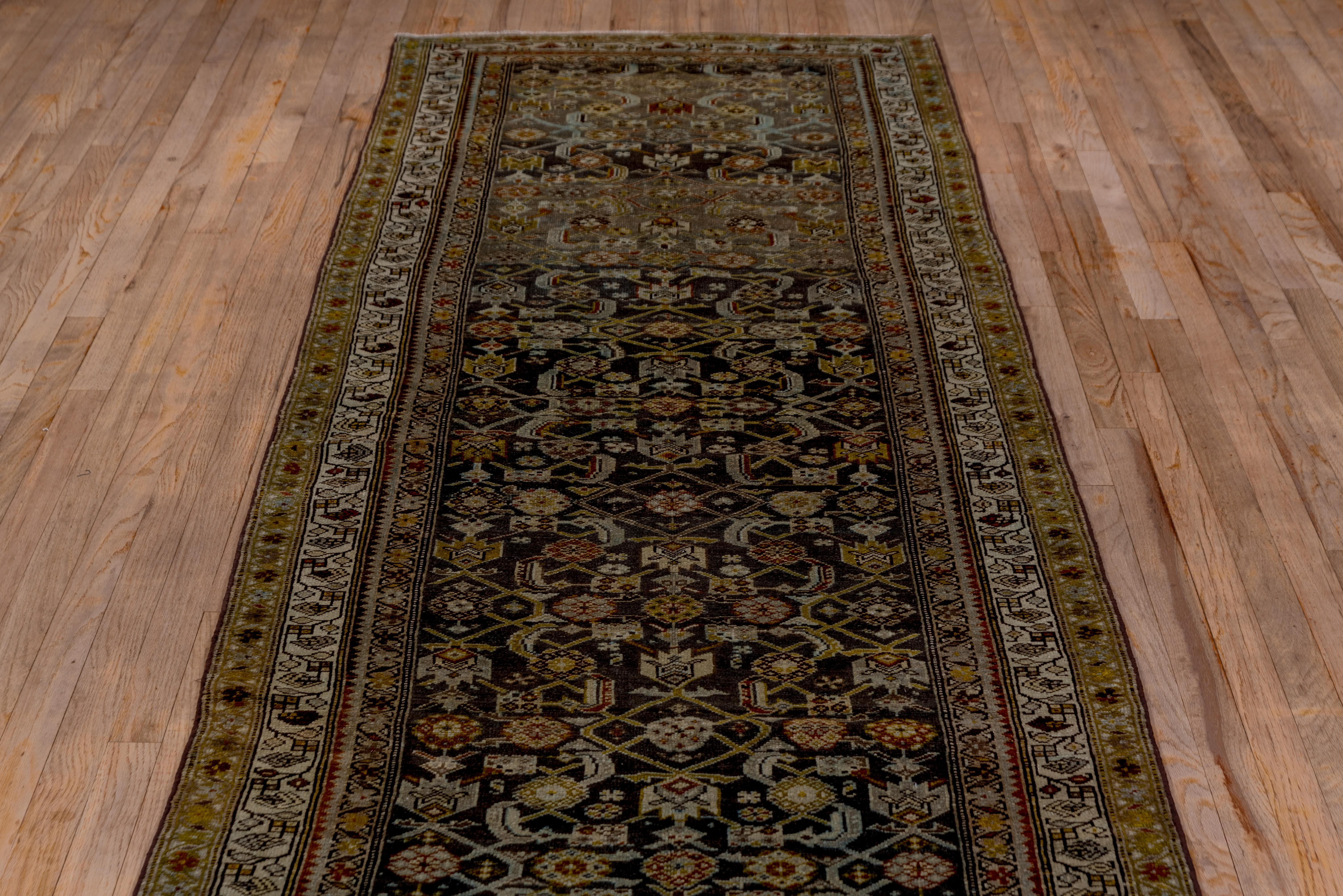 Antique Persian Malayer Long Runner, Charcoal Herati Field, Olive & Gray Borders In Good Condition For Sale In New York, NY