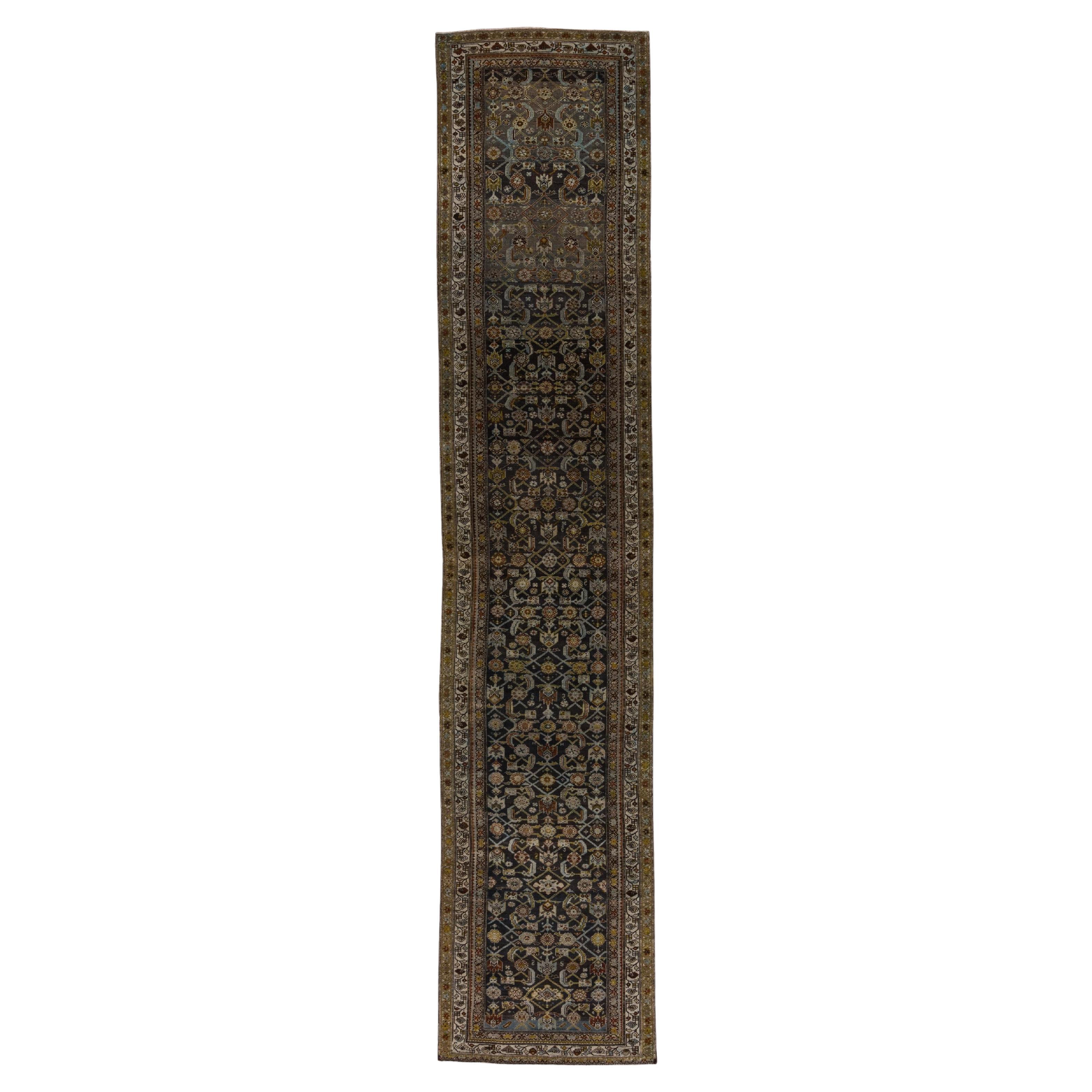 Antique Persian Malayer Long Runner, Charcoal Herati Field, Olive & Gray Borders For Sale