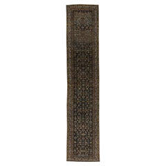 Antique Persian Malayer Long Runner, Charcoal Herati Field, Olive & Gray Borders