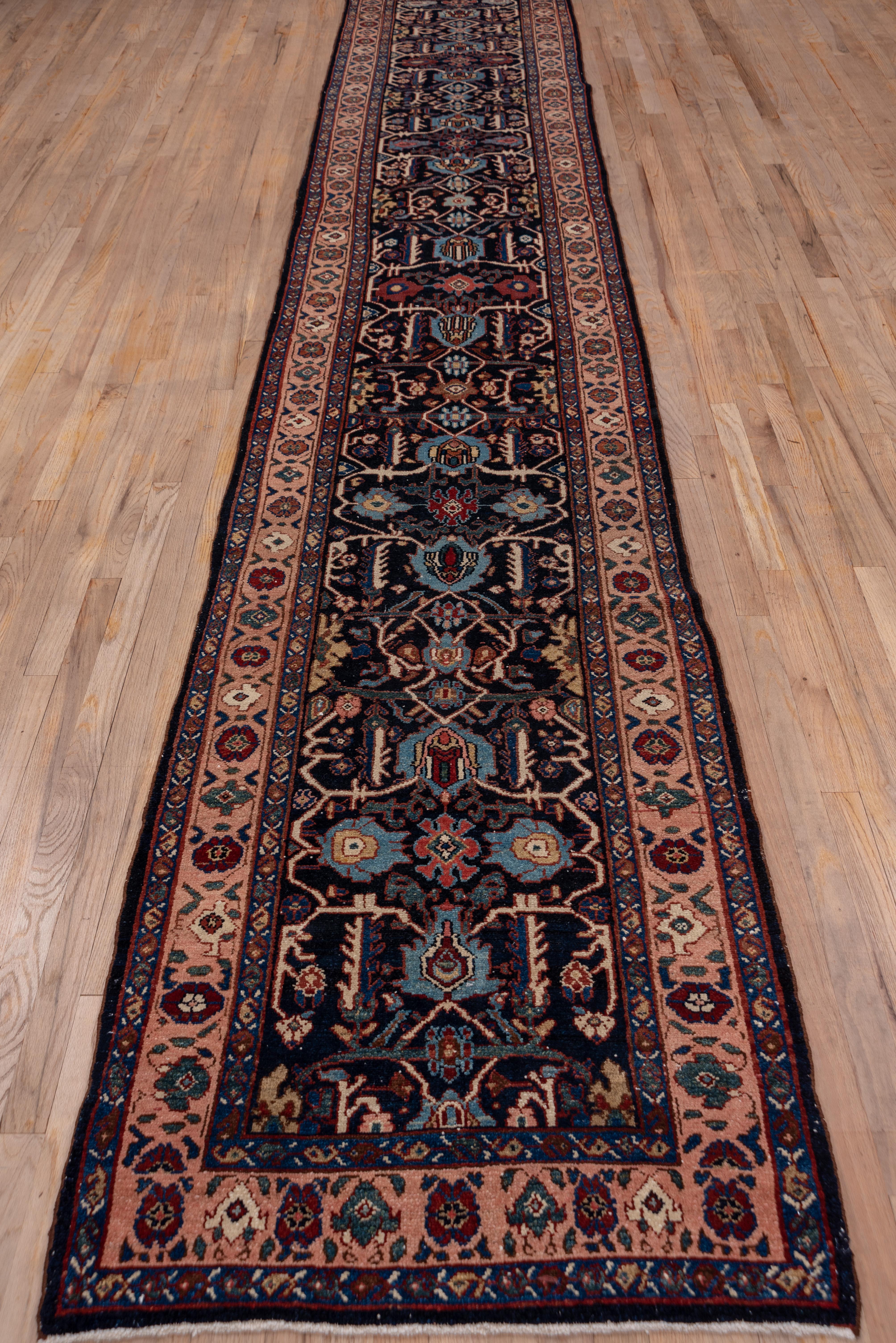 Antique Persian Malayer Long Runner, Dark Navy Allover Field, Pink Borders In Good Condition In New York, NY