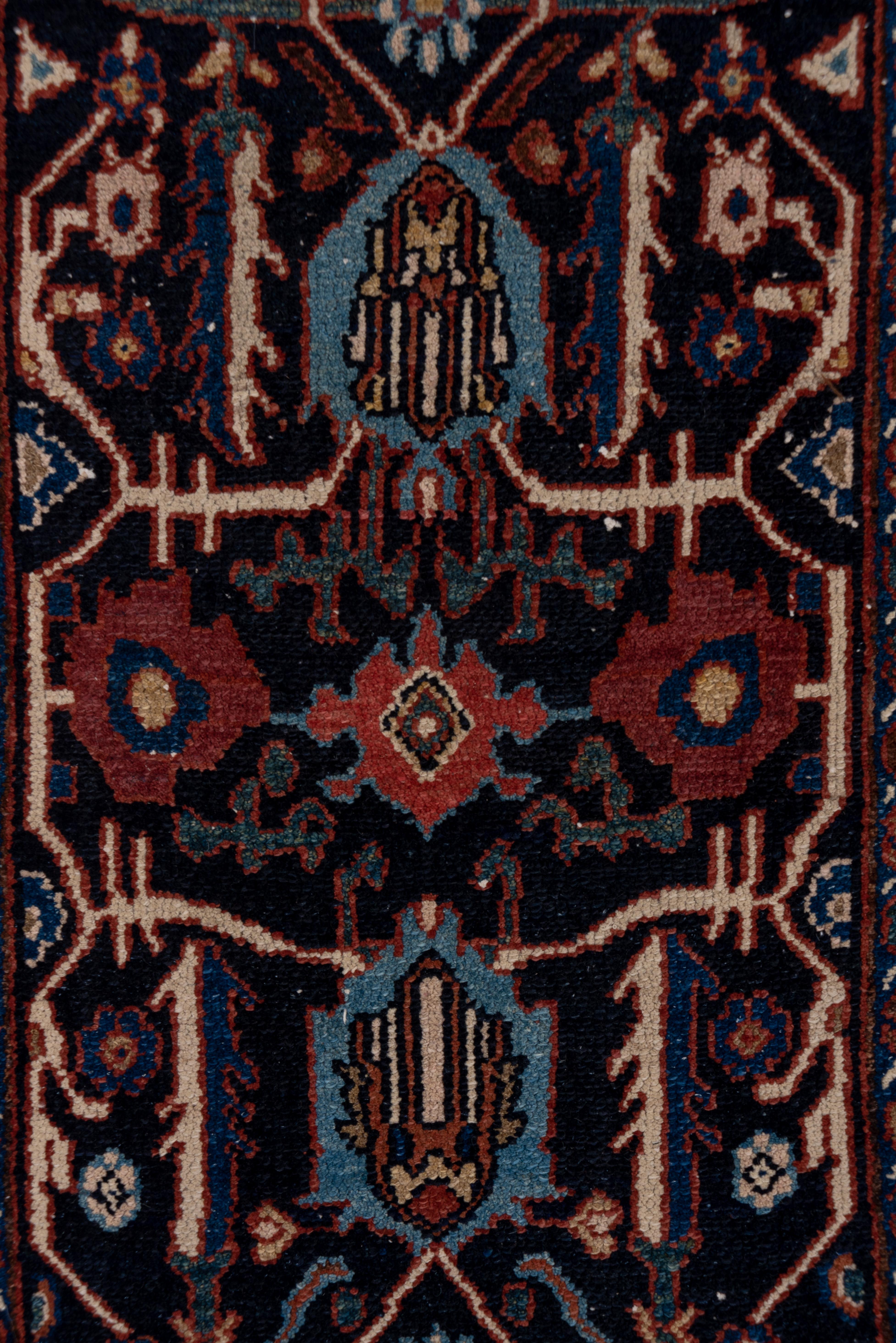 Early 20th Century Antique Persian Malayer Long Runner, Dark Navy Allover Field, Pink Borders