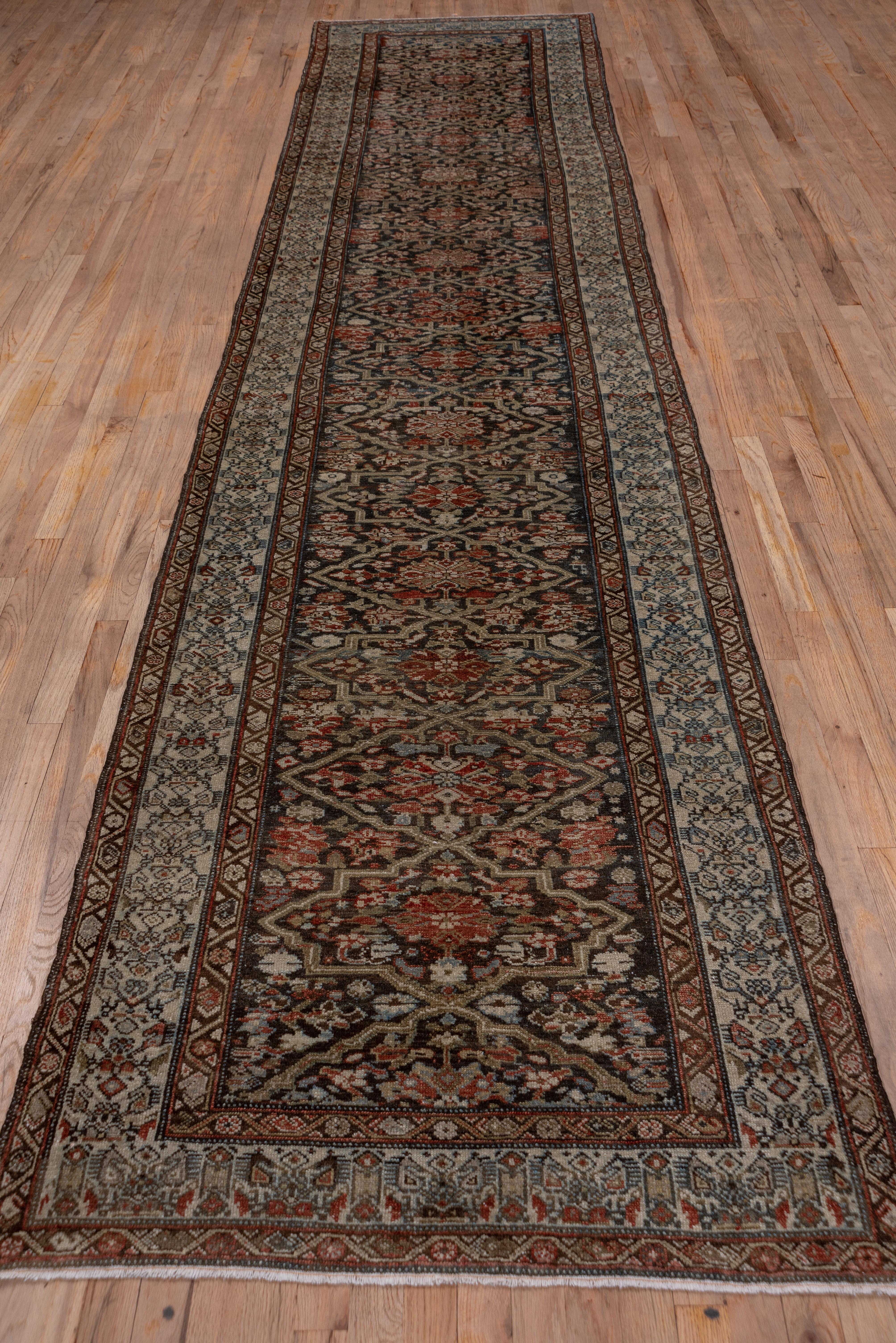 Hand-Knotted Antique Persian Malayer Long Runner, Gray and Brown Allover Field, Ivory Borders For Sale