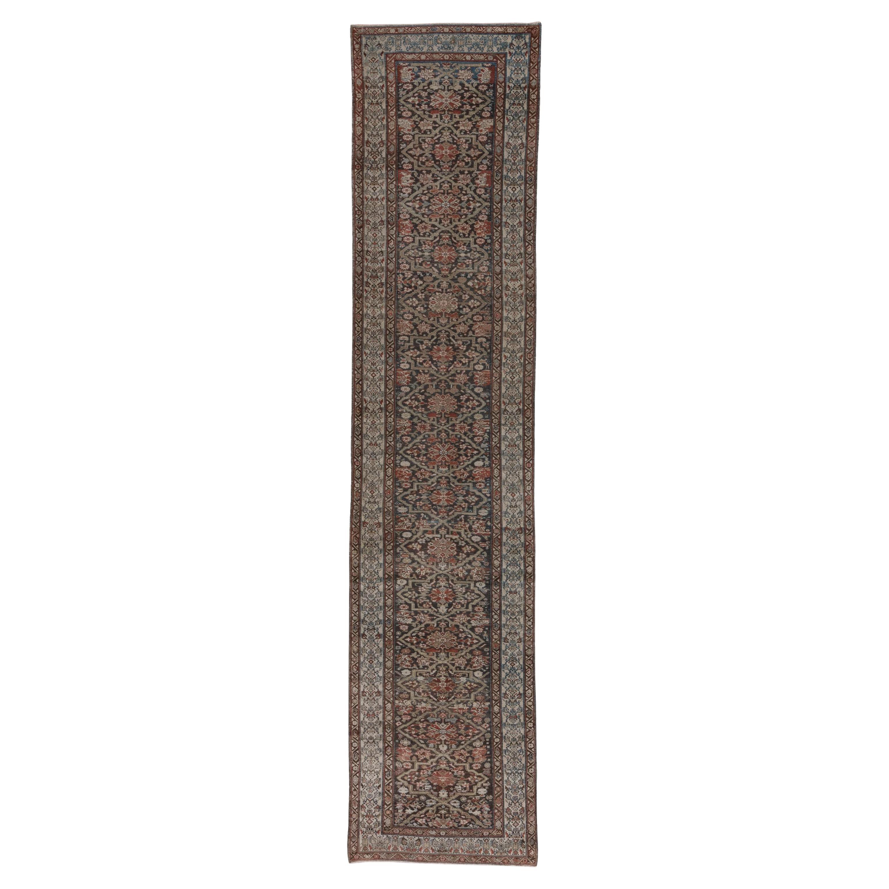 Antique Persian Malayer Long Runner, Gray and Brown Allover Field, Ivory Borders