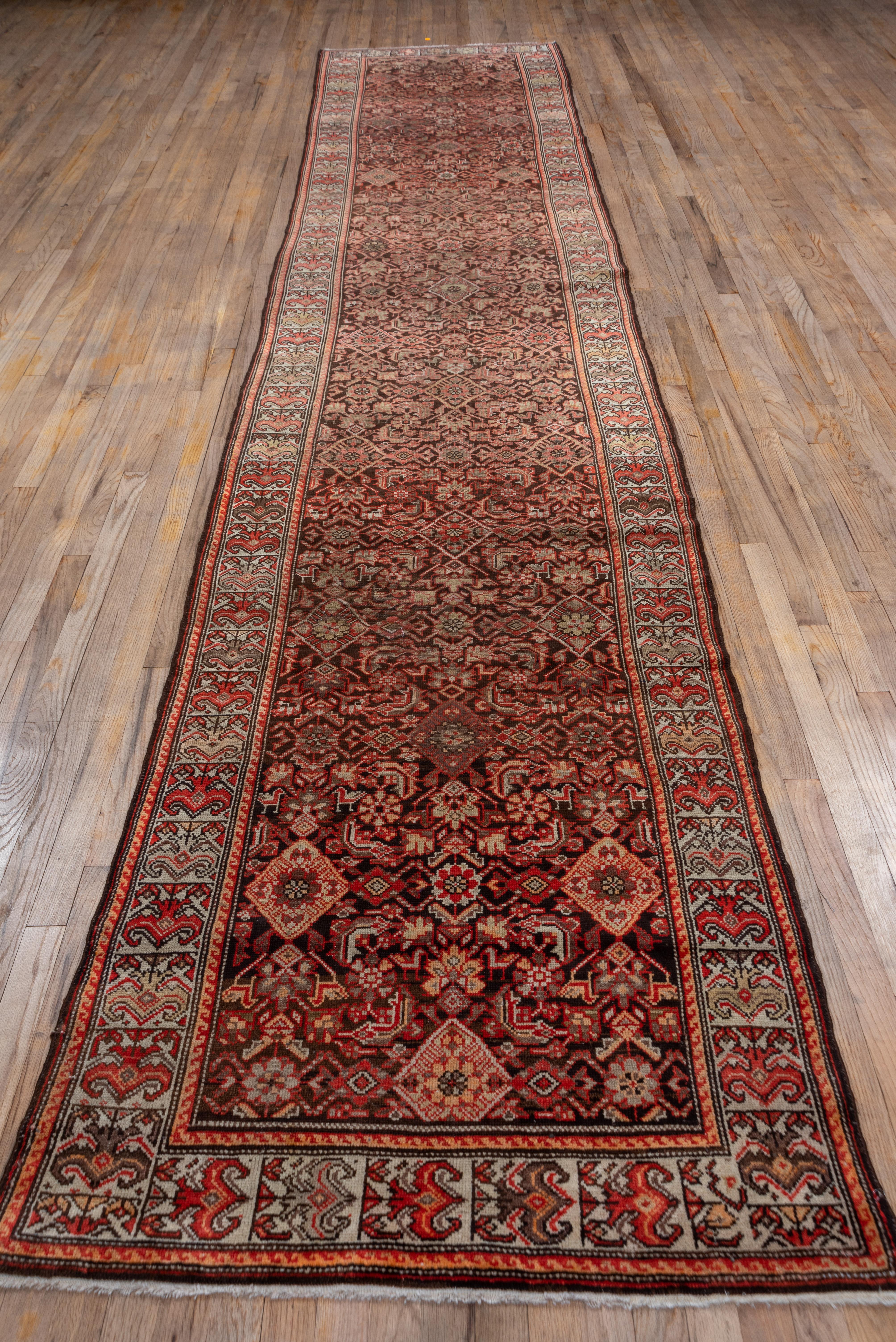Antique Persian Malayer Long Runner, Herati Design, Brown & Red Field In Good Condition For Sale In New York, NY