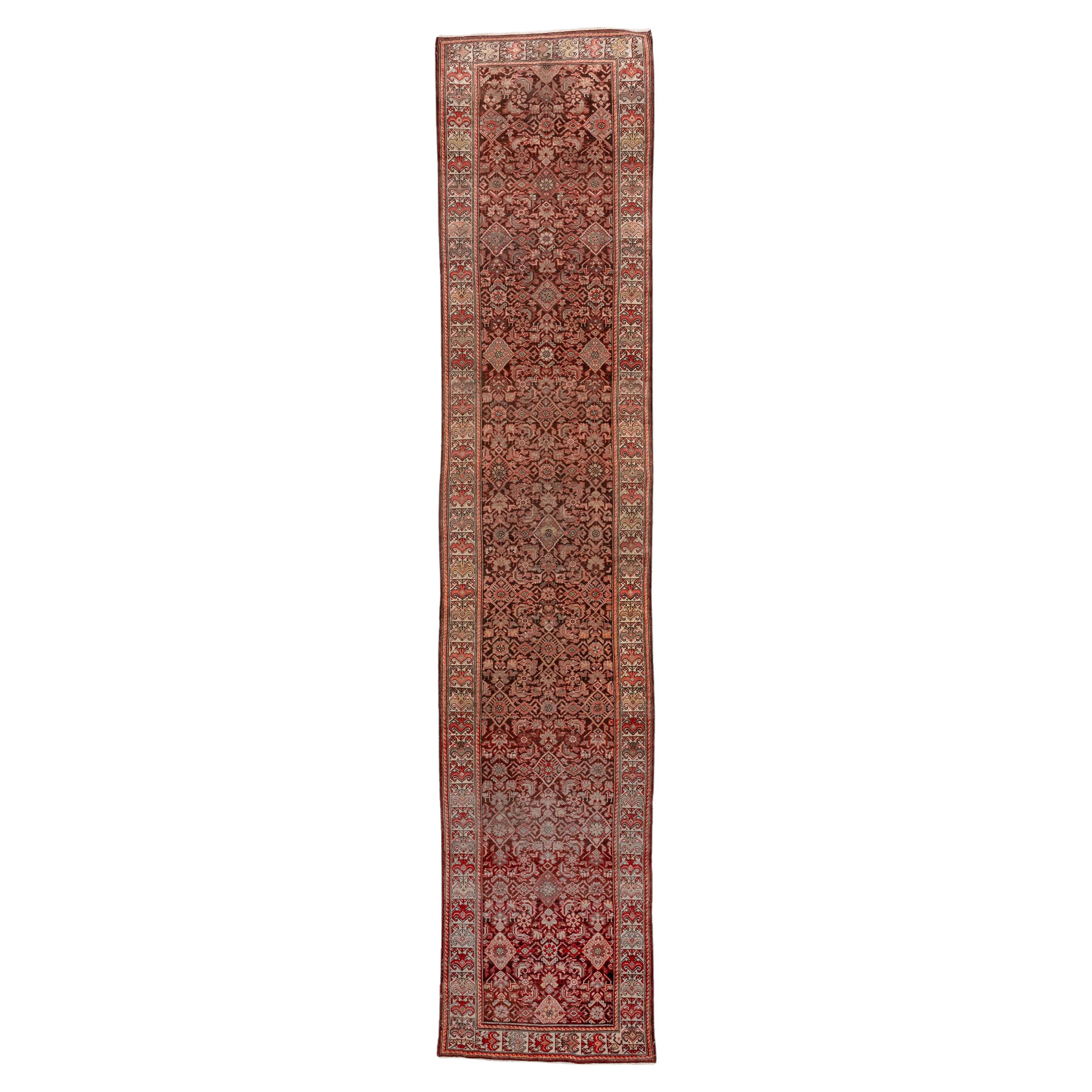 Antique Persian Malayer Long Runner, Herati Design, Brown & Red Field For Sale
