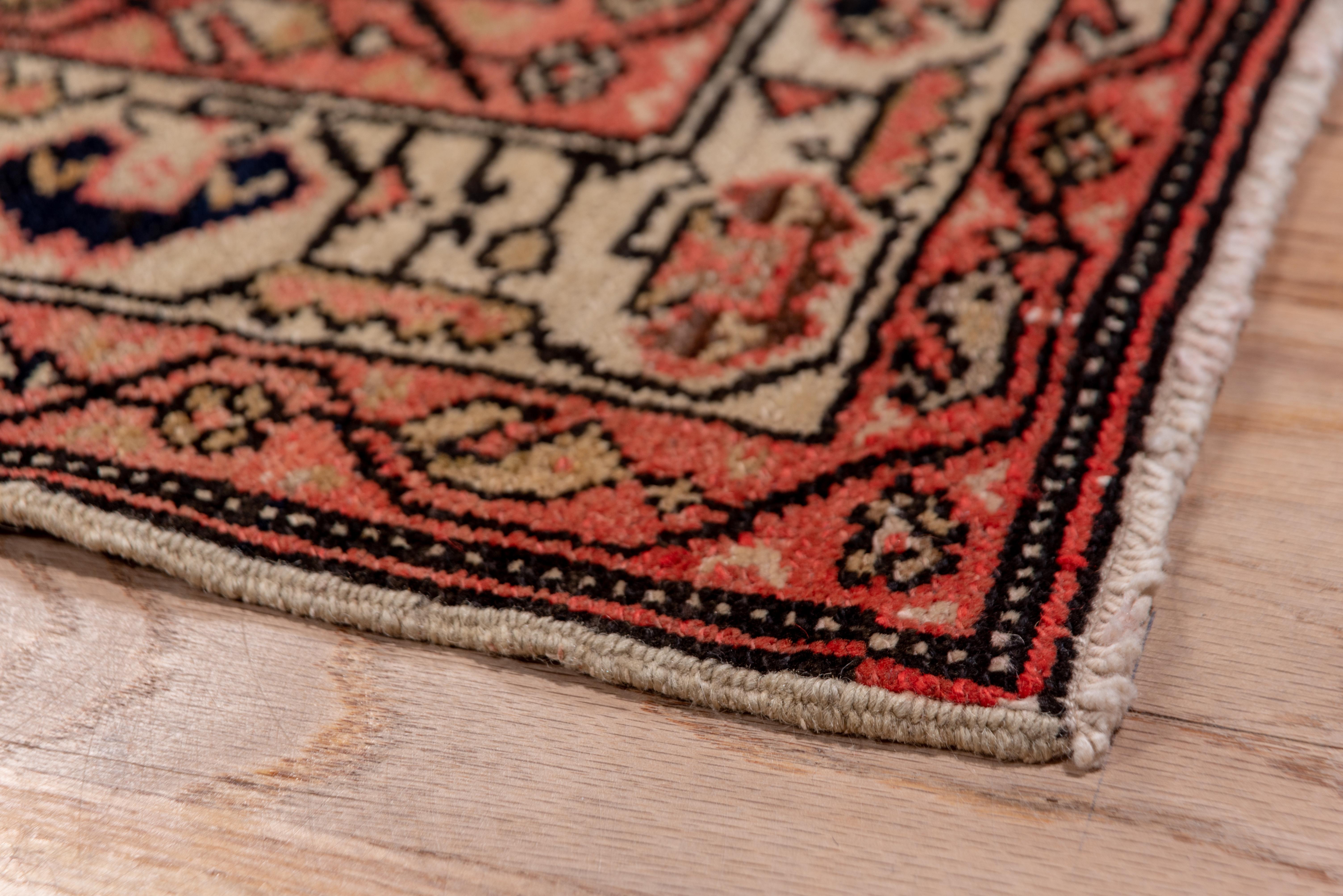 Hand-Knotted Antique Persian Malayer Long Runner, Navy Field, Coral Borders, circa 1920s