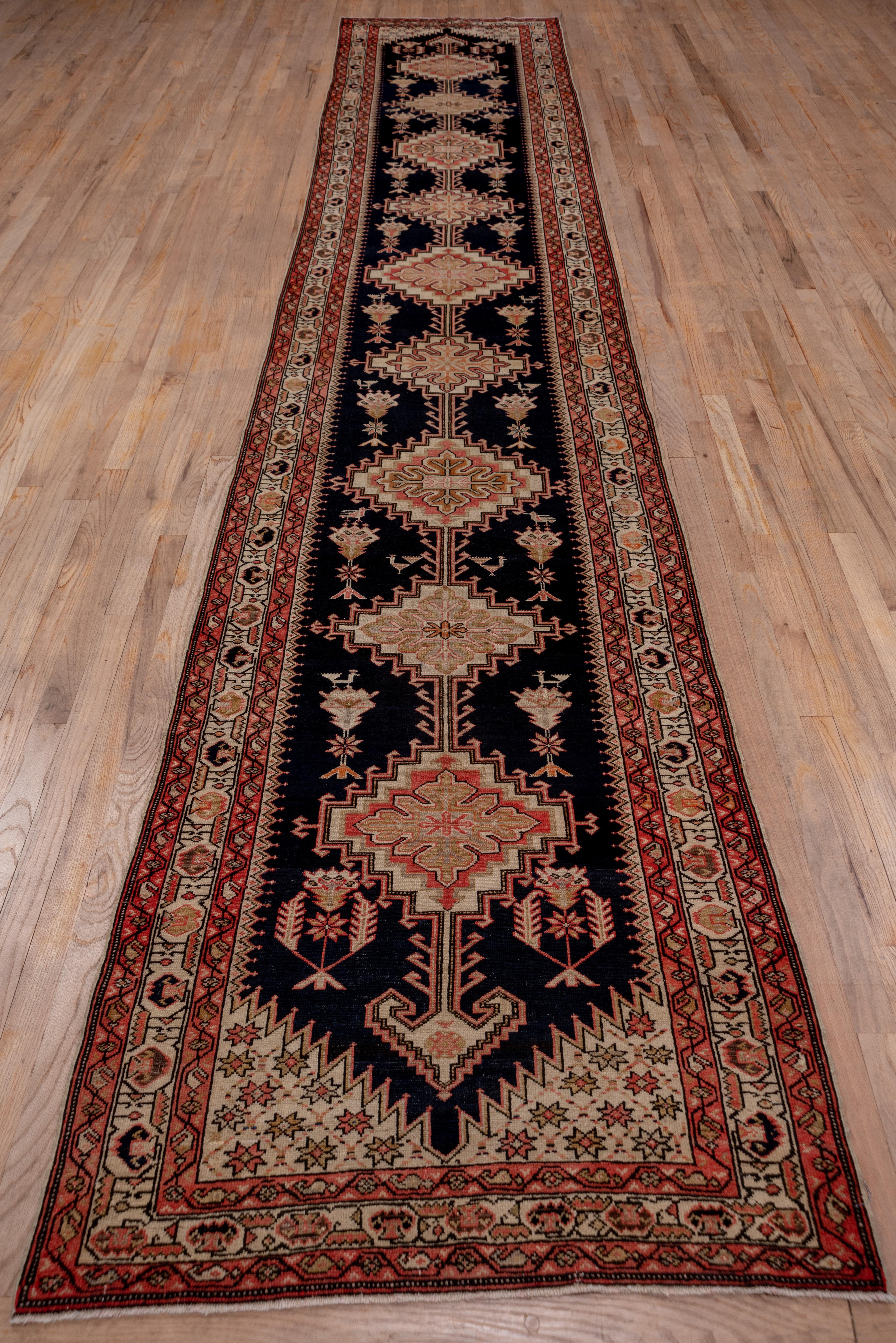 Antique Persian Malayer Long Runner, Navy Field, Coral Borders, circa 1920s In Good Condition In New York, NY