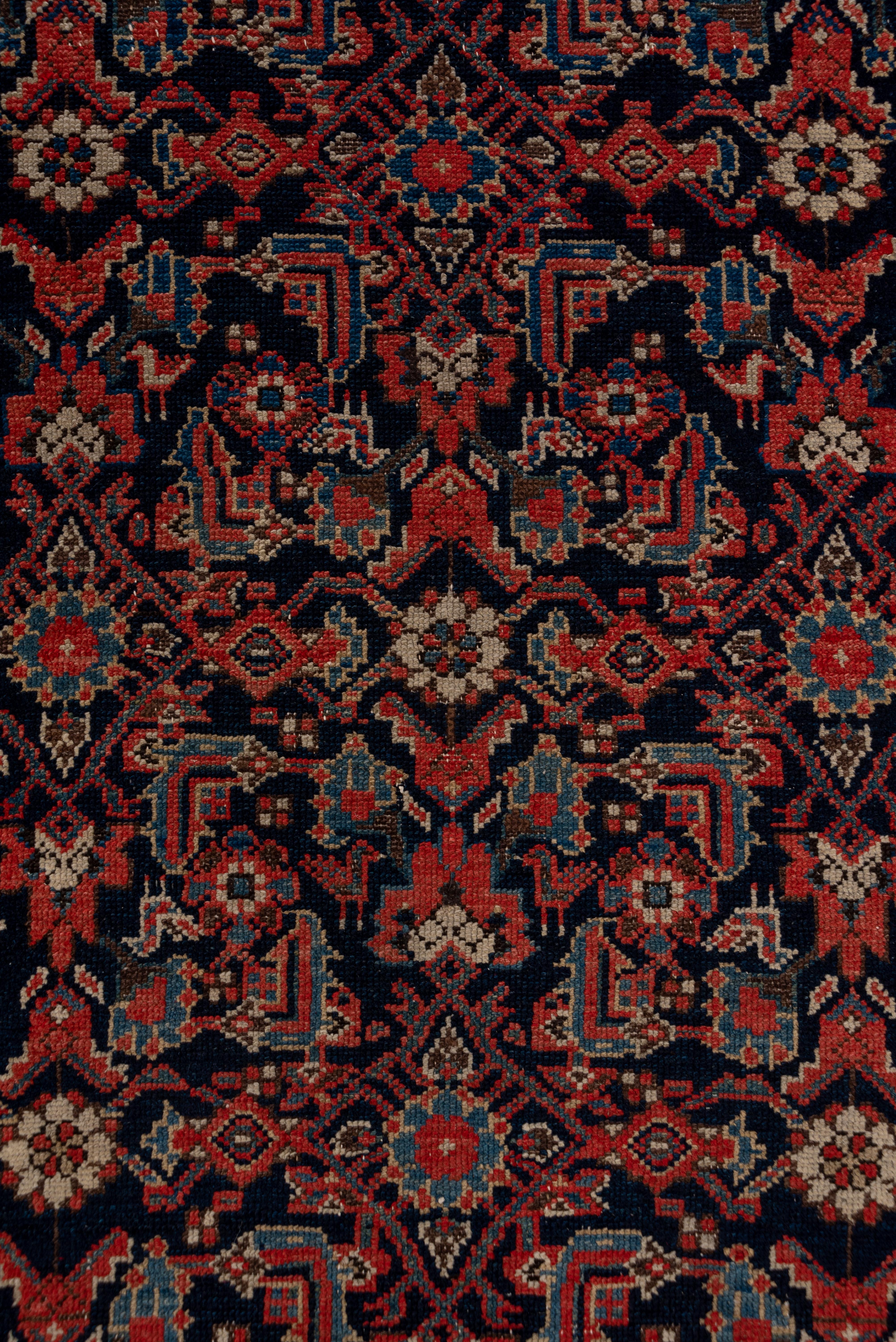 Hand-Knotted Antique Persian Malayer Long Runner, Navy Field, Red Borders, circa 1920s For Sale