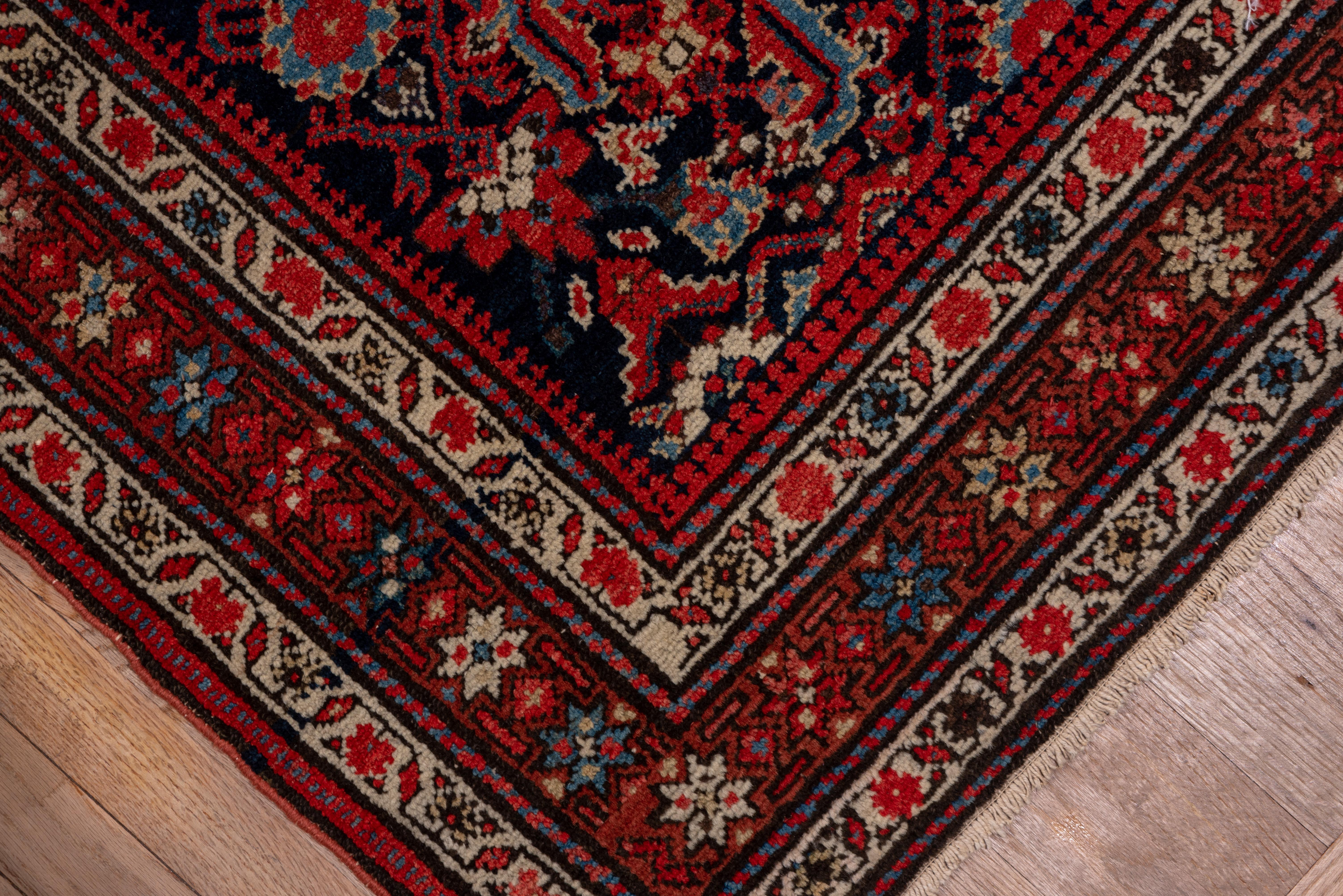 Early 20th Century Antique Persian Malayer Long Runner, Navy Field, Red Borders, circa 1920s For Sale
