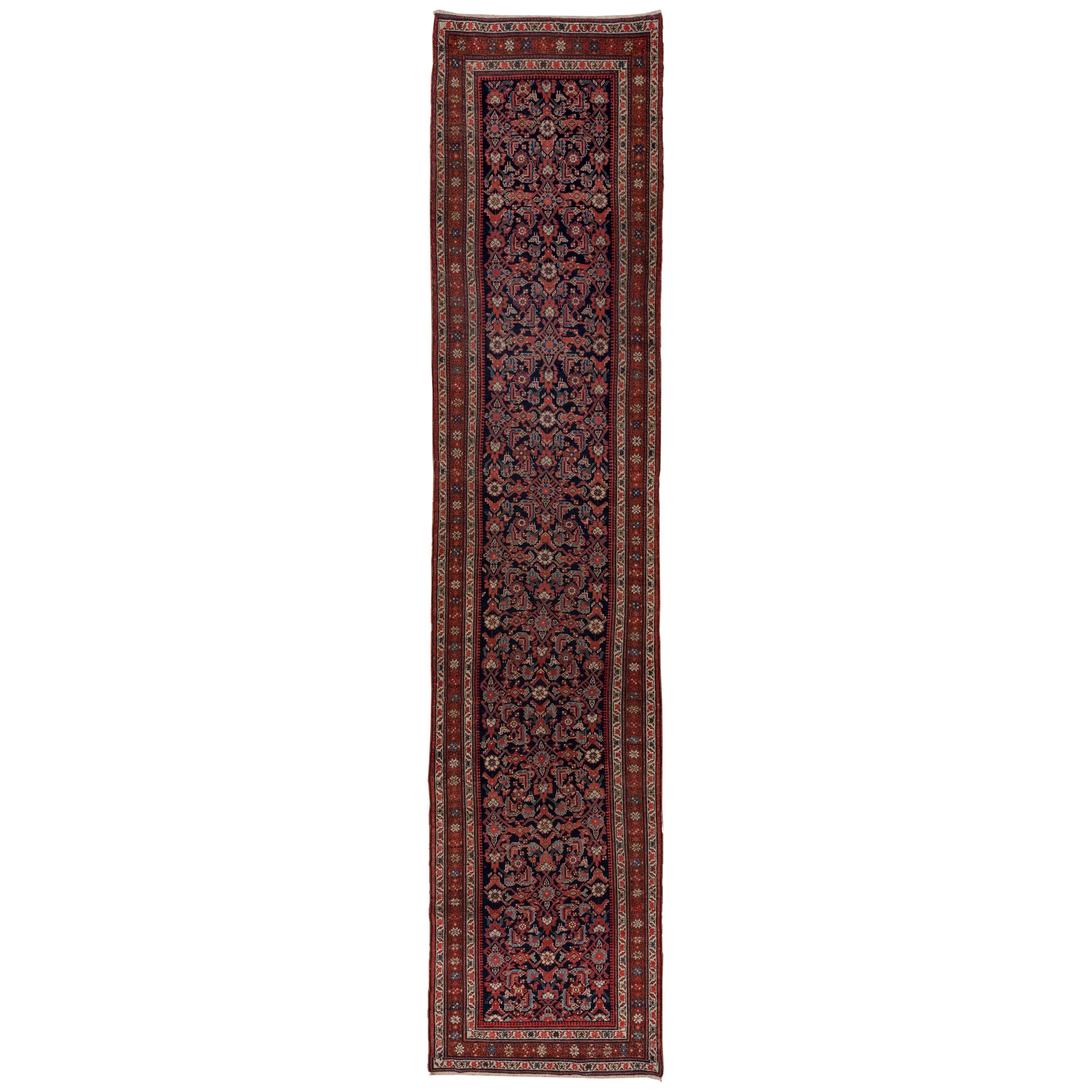 Antique Persian Malayer Long Runner, Navy Field, Red Borders, circa 1920s For Sale