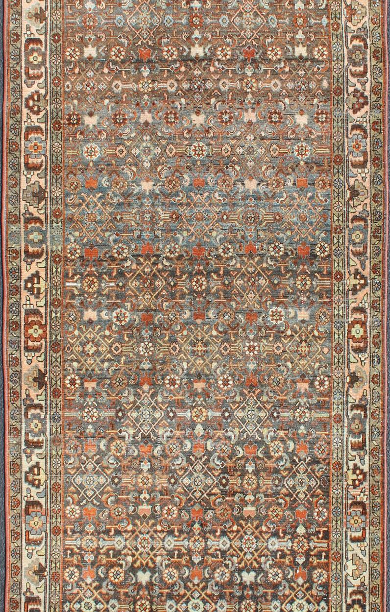 Hand-Knotted Antique Persian Malayer Long Runner with All-Over Geometric Herati Design For Sale