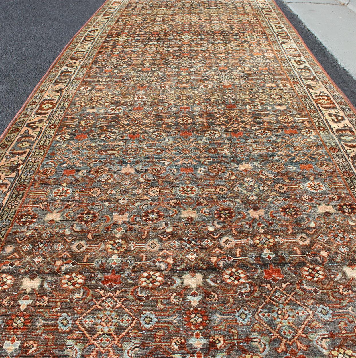 Antique Persian Malayer Long Runner with All-Over Geometric Herati Design For Sale 1
