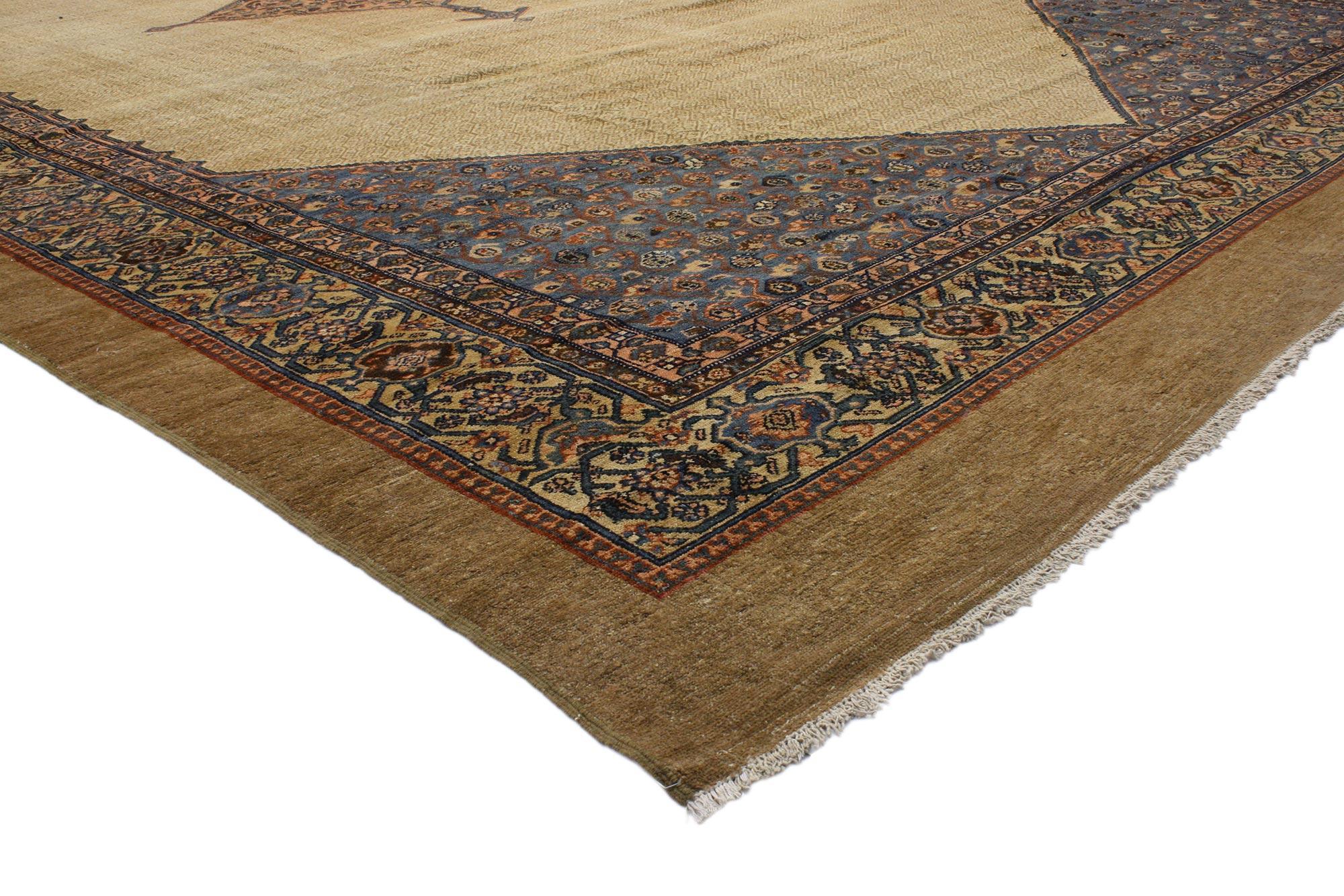 ?74396 Oversized Antique Persian Malayer rug with Camel Hair 13'06 x 23'06. Emanating sophistication and nomadic charm with rustic sensibility, this hand knotted wool and camel hair antique Persian Malayer rug beautifully embodies a modern tribal