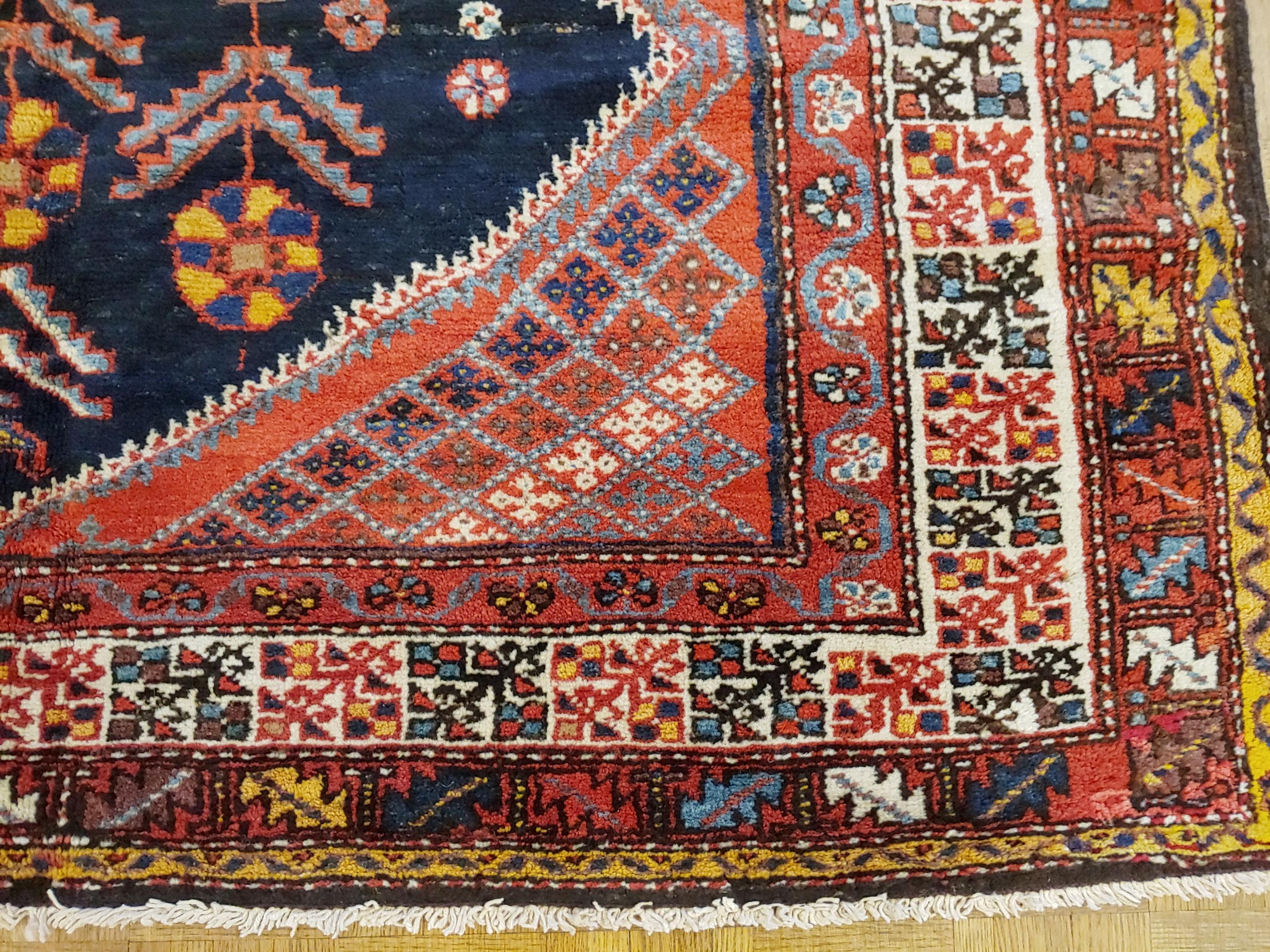 Woven Antique Persian Malayer, Navy, Red & Floral, Wool, Wide Hall Size, 1910 For Sale