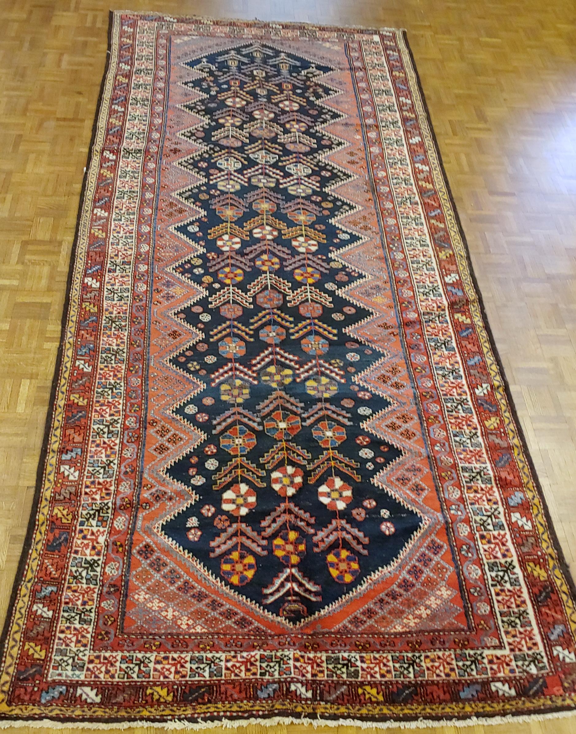 20th Century Antique Persian Malayer, Navy, Red & Floral, Wool, Wide Hall Size, 1910 For Sale