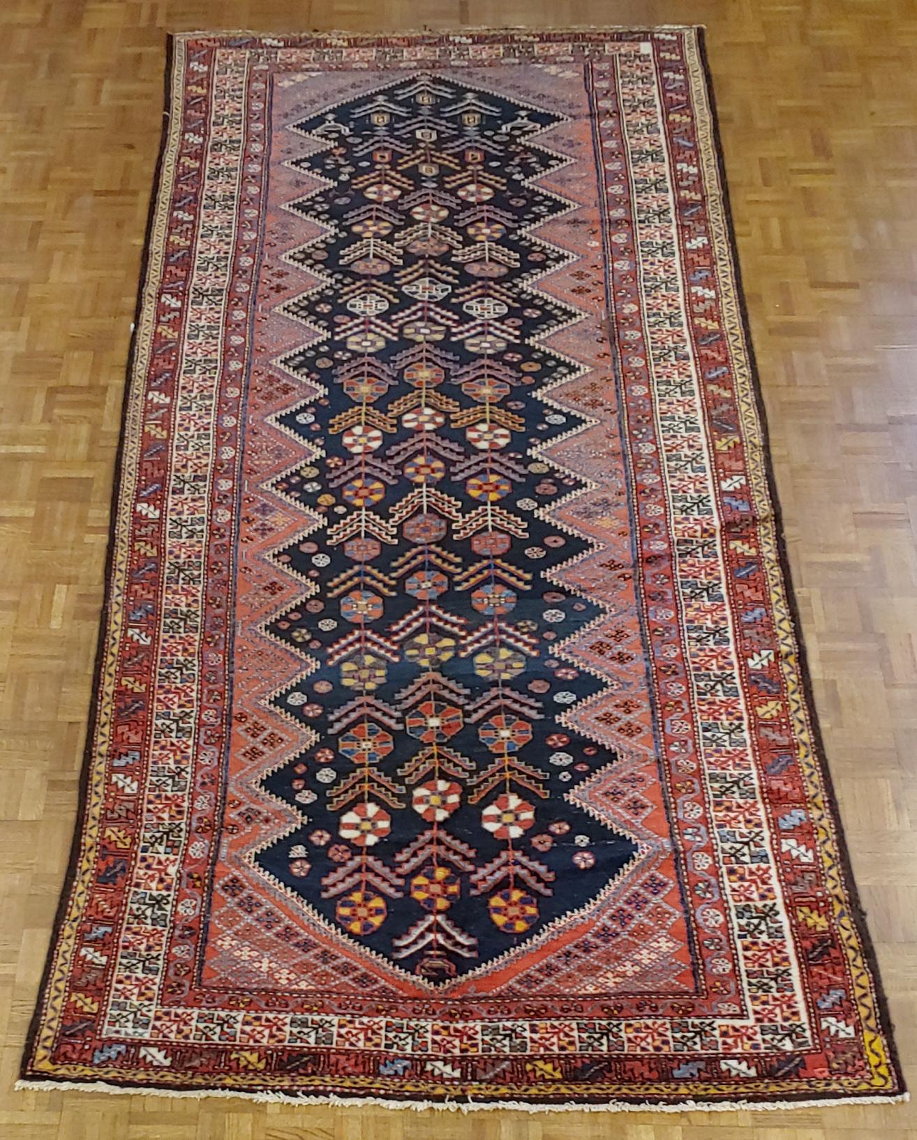 Antique Persian Malayer, Navy, Red & Floral, Wool, Wide Hall Size, 1910 For Sale 1