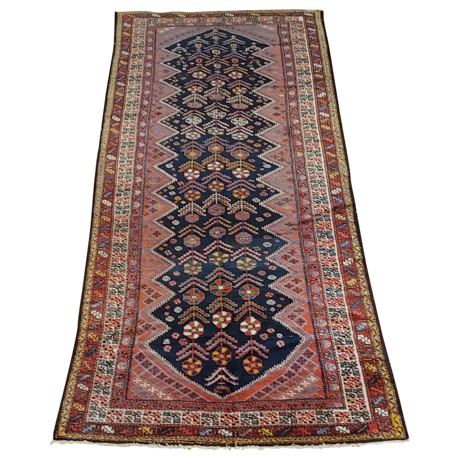 Antique Persian Malayer, Navy, Red & Floral, Wool, Wide Hall Size, 1910 For Sale