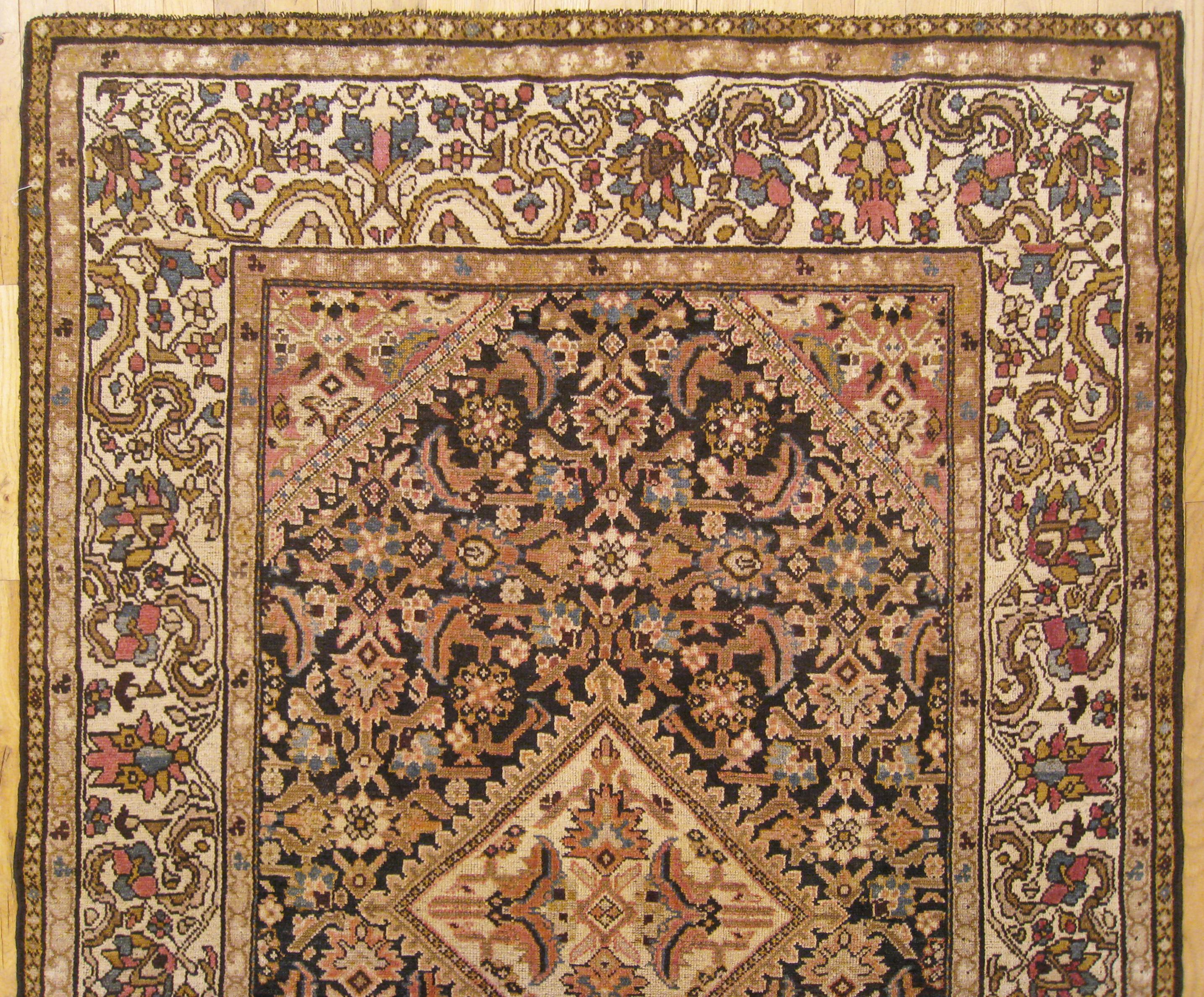 Hand-Knotted Antique Persian Malayer Oriental Rug, in Small Size, W/ Ivory Medallion & Border For Sale