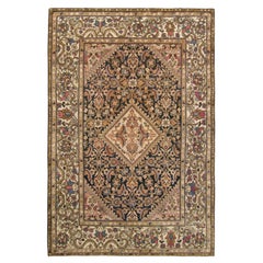Antique Persian Malayer Oriental Rug, in Small Size, W/ Ivory Medallion & Border