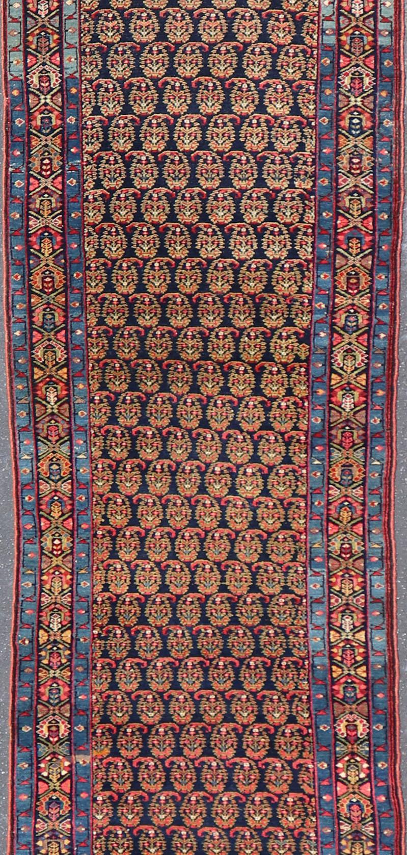 Hand-Knotted Antique Persian Malayer Paisley Design Runner in Red, Orange, and Blue For Sale