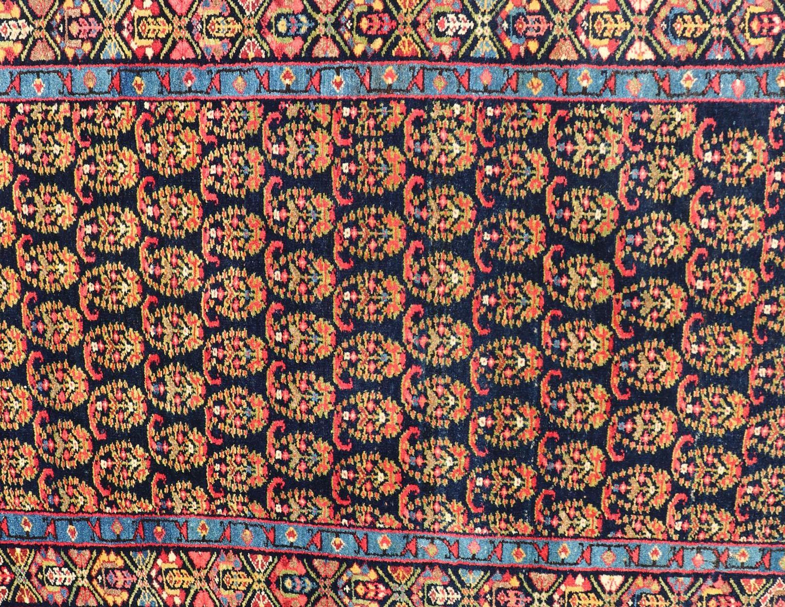 Wool Antique Persian Malayer Paisley Design Runner in Red, Orange, and Blue For Sale