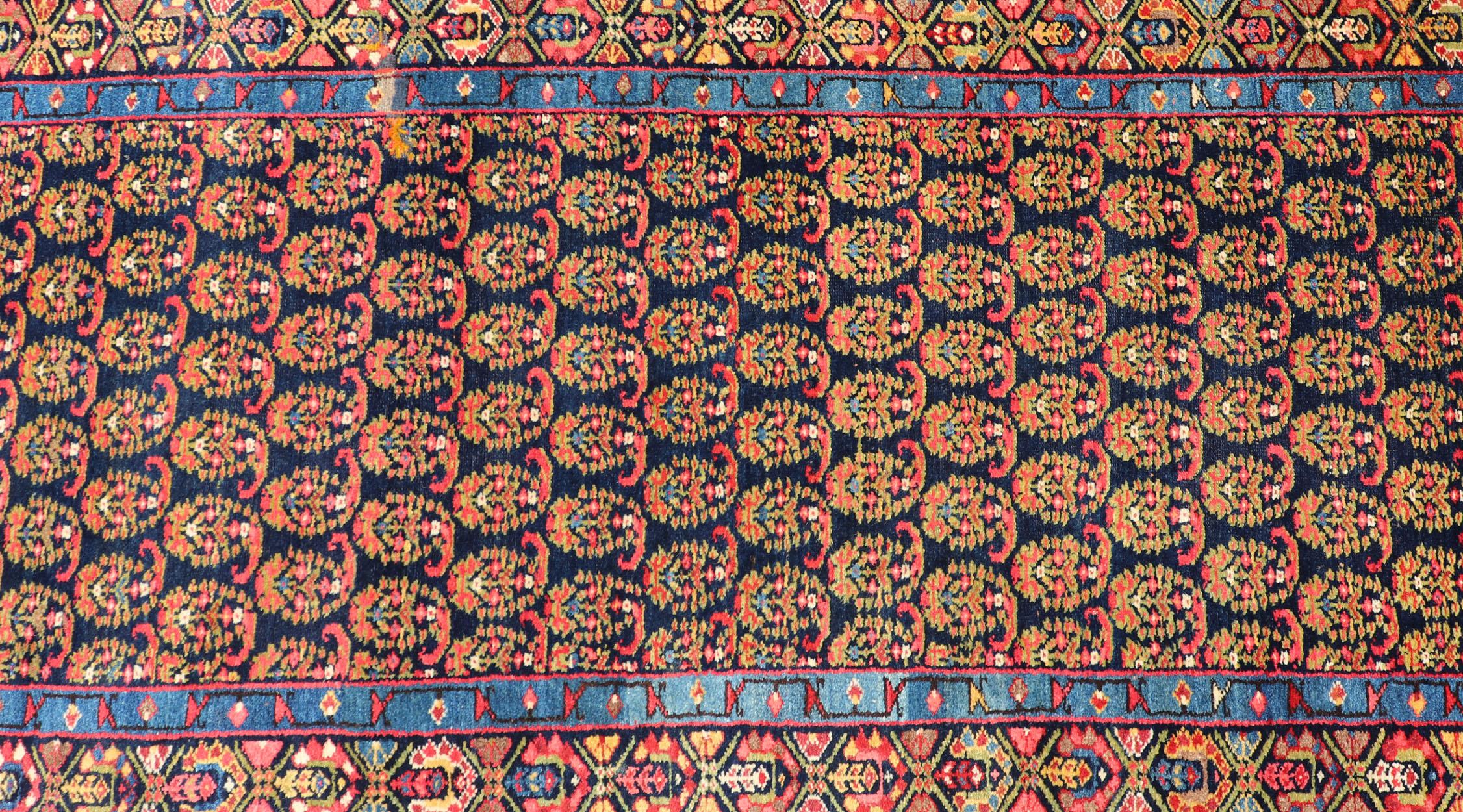 Antique Persian Malayer Paisley Design Runner in Red, Orange, and Blue For Sale 1