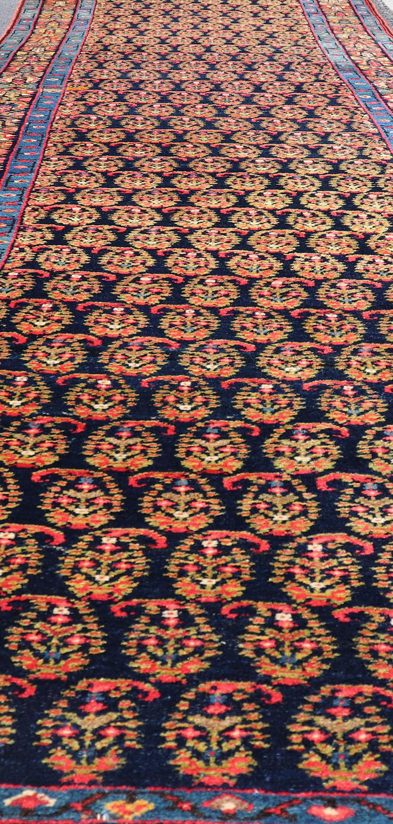 Antique Persian Malayer Paisley Design Runner in Red, Orange, and Blue For Sale 2