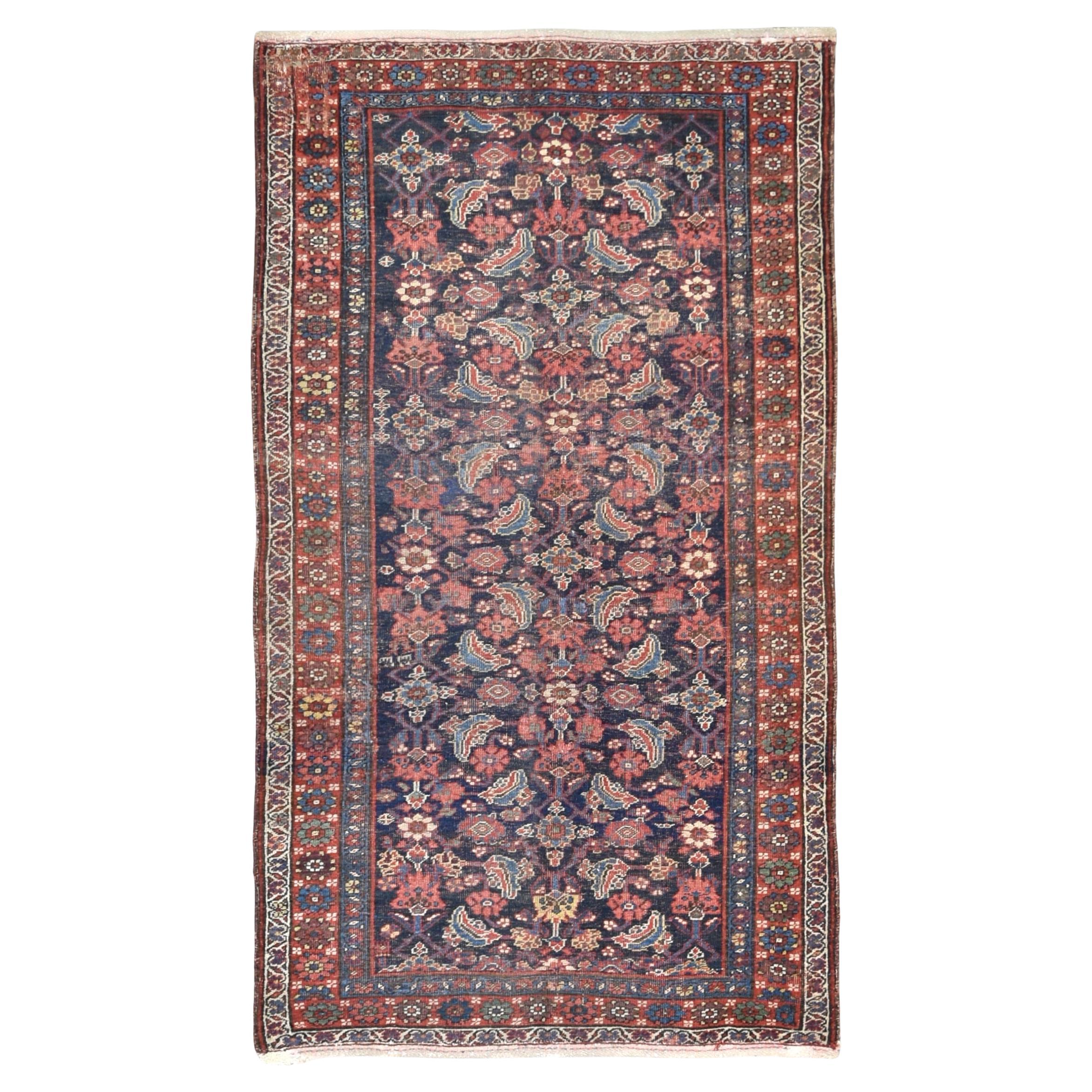 Alfombra Persa Antigua Malayer de Lana Roja y Azul Marino 4'2''x8'3''