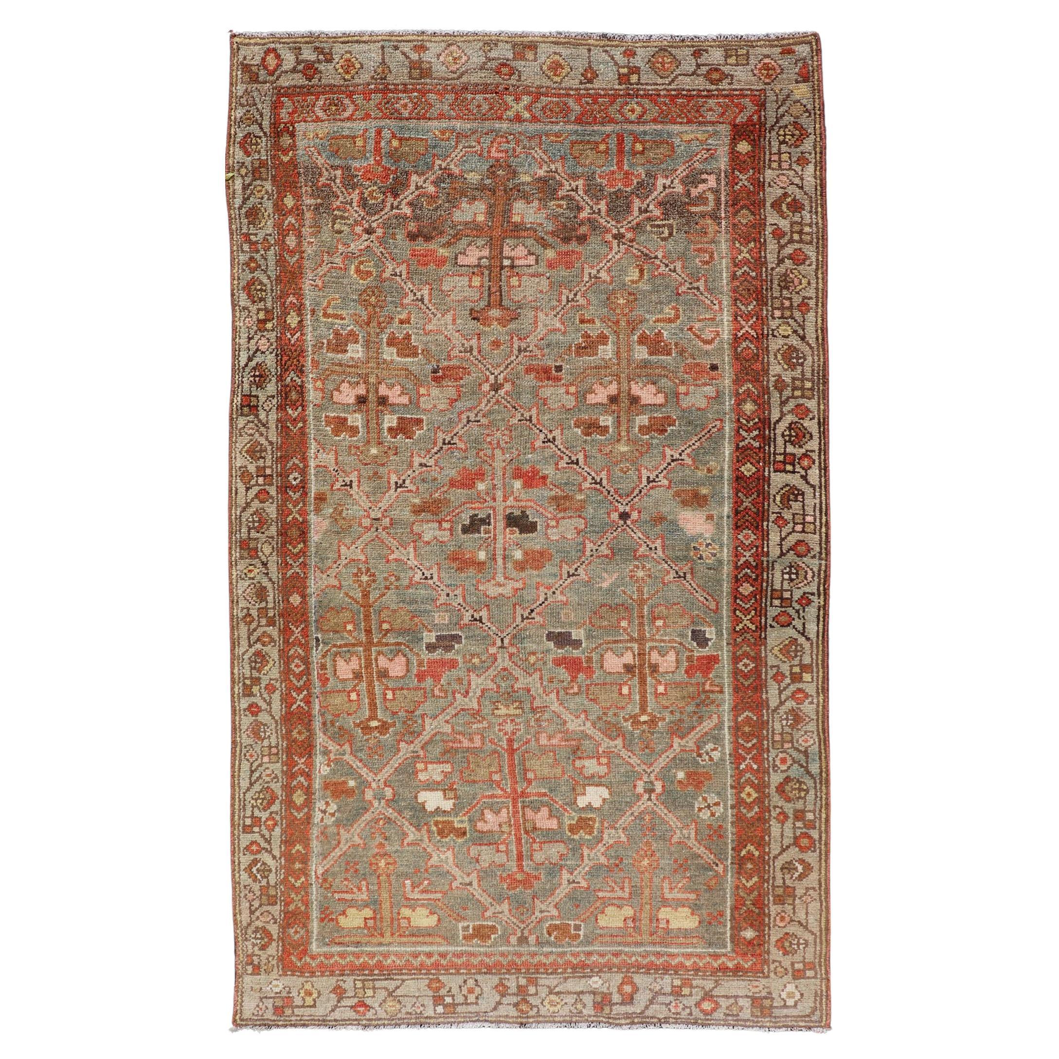 Alfombra Persa Antigua Malayer -Diseño Integral -Roja y Gris-Azul 3'0 x 5'0