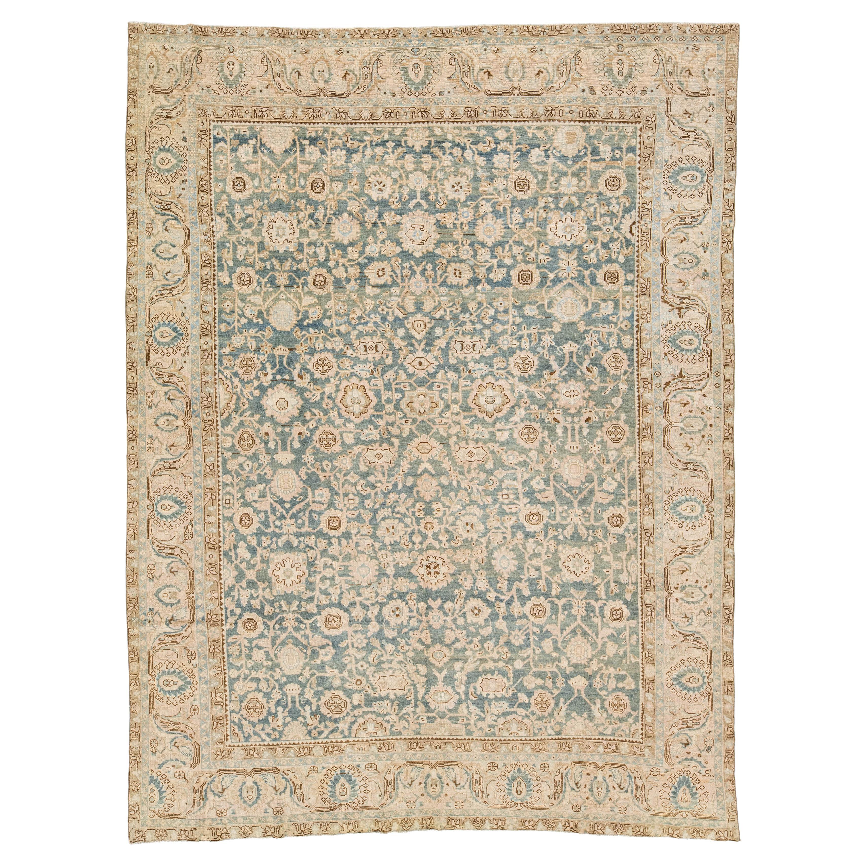 Antique Persian Malayer Rug – Allover Floral Wool in Muted Indigo, Cream 
Tan For Sale