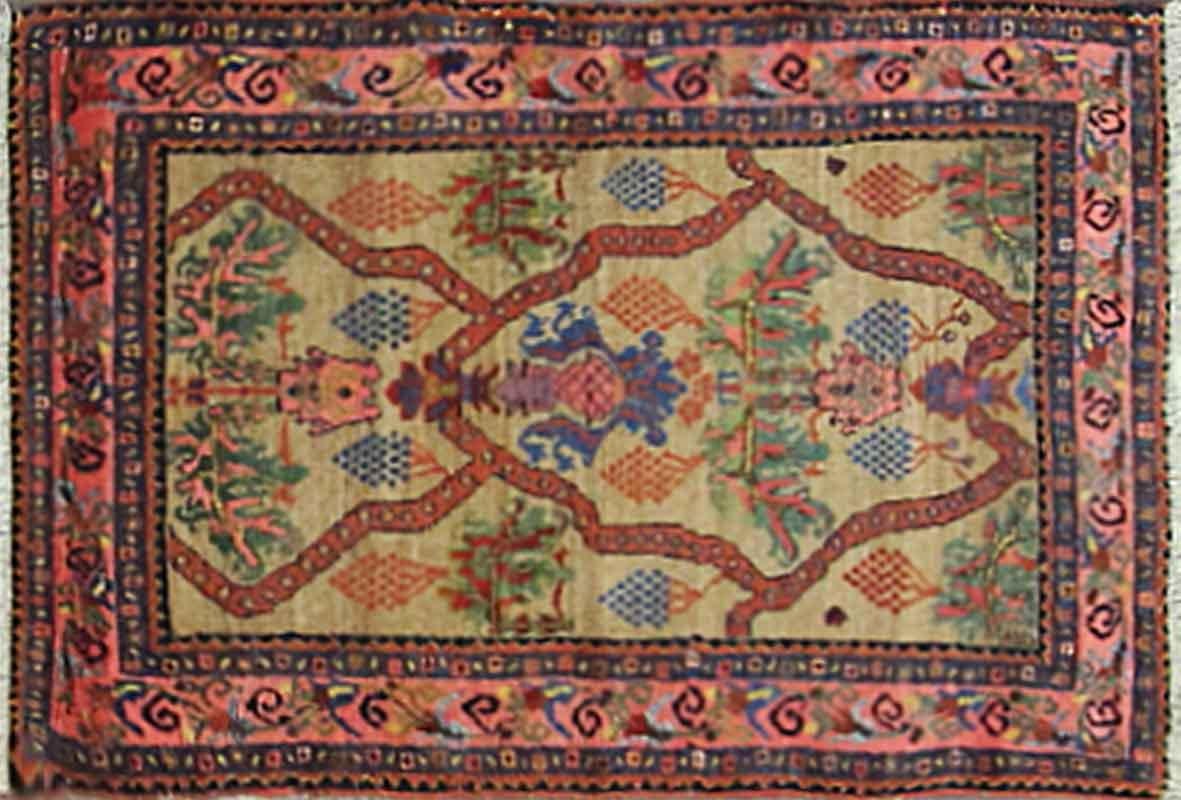 Erstaunliche einzigartige Farben und Design.
Die Stammesweber in Malayer waren häufig türkischer Abstammung und verwendeten den türkischen Knoten. Der Gourde ist ein symmetrischer Knoten, im Gegensatz zu den asymmetrischen Knoten vieler