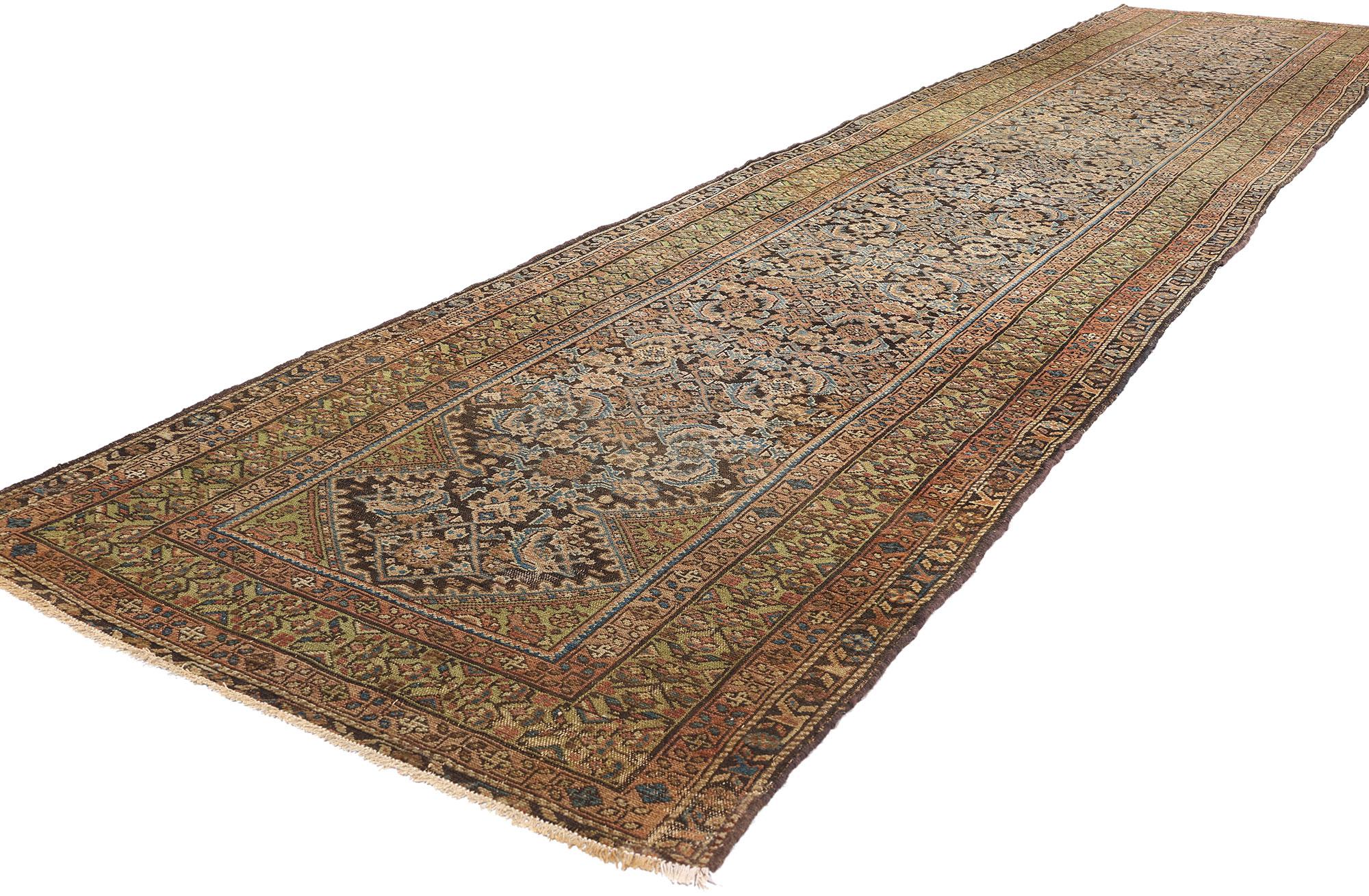 76793 Antiker persischer Malayer-Teppich Läufer, 03'06 x 16'08. Persische Malayer-Teppichläufer, die aus der Region Malayer im westlichen Iran stammen, sind sorgfältig gefertigte Teppiche, die für ihre langen und schmalen Abmessungen bekannt sind,
