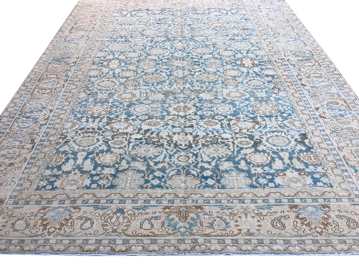 Antiker Persischer Malayer Teppich Denim Blau Elfenbein Braun Tan (Handgeknüpft) im Angebot