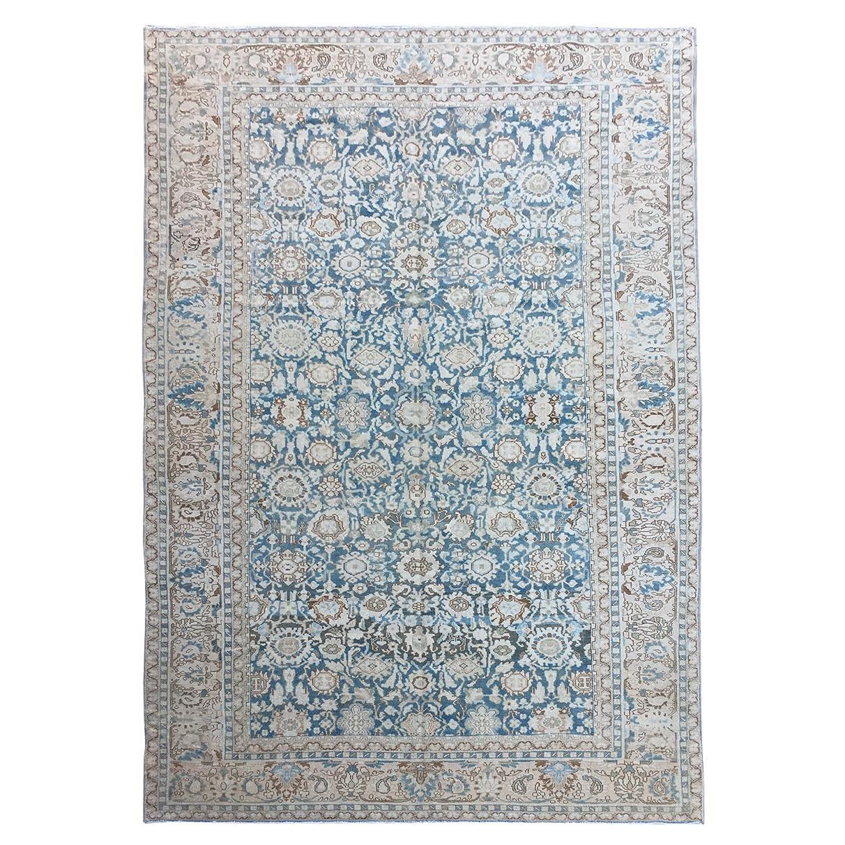 Antique Tapis Persan Malayer Denim Blue Ivory Brown Tan