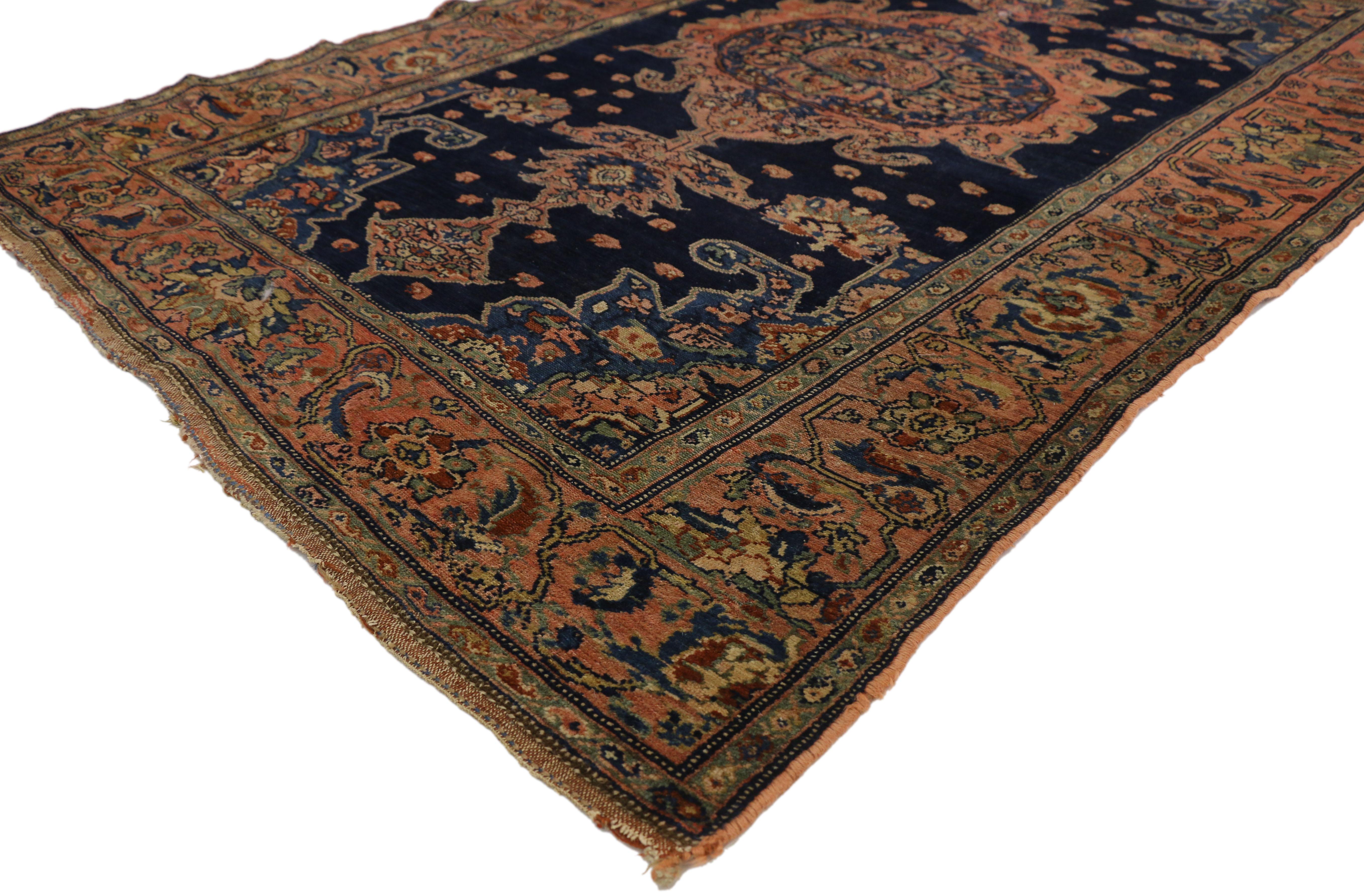 77286, antique Persian Malayer rug for entry, kitchen, foyer, or bathroom. This hand knotted wool antique Persian Malayer rug features a cusped round central medallion anchored with extended palmette pole medallion finials in an abrashed ink blue