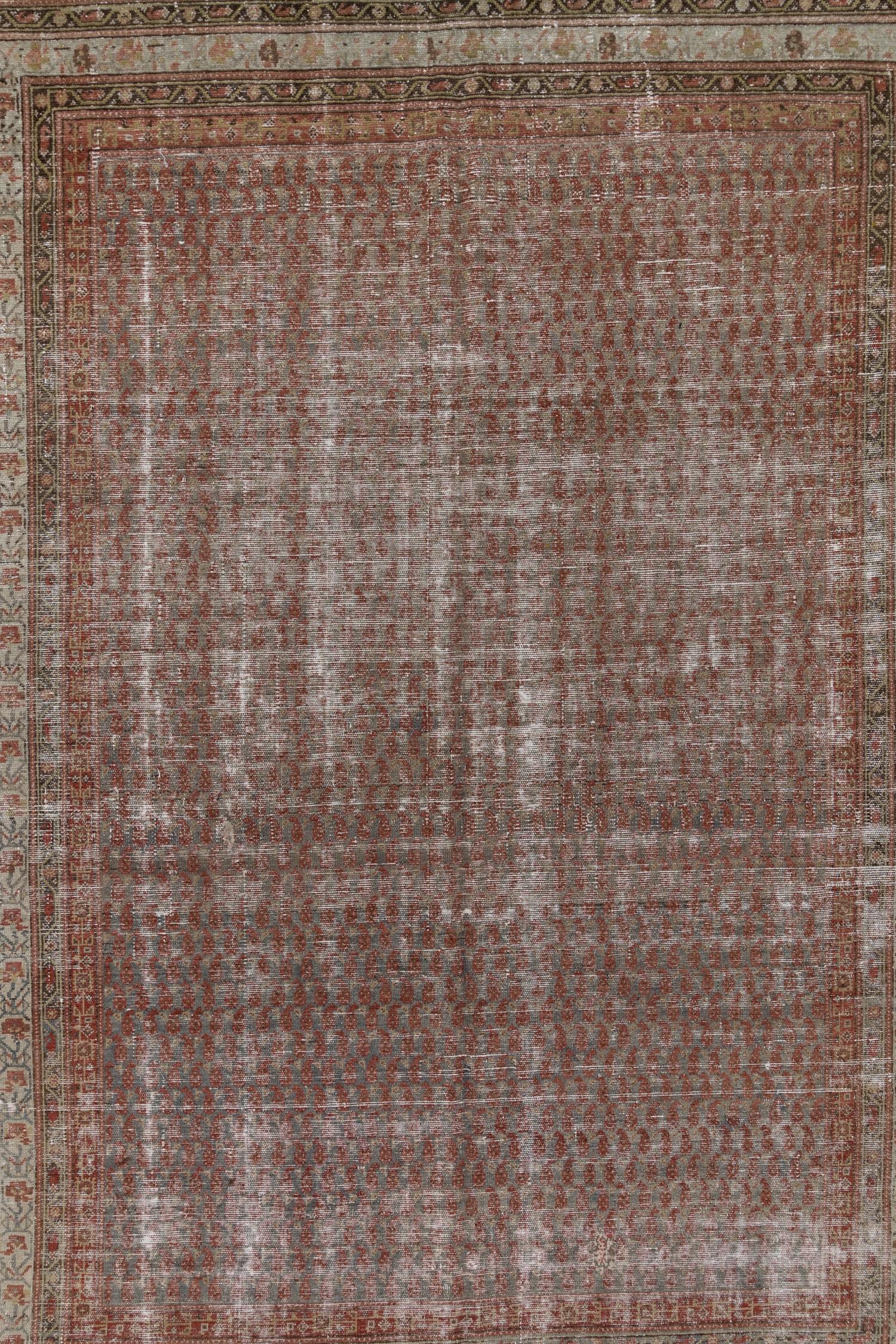 Beautifully distressed antique Malayer with an all over small scale boteh pattern. Please note that the borders will be repaired and reinforced prior to shipping. 
 
Wear Notes: 4

Wear Guide:
Vintage and antique rugs are by nature, pre-loved