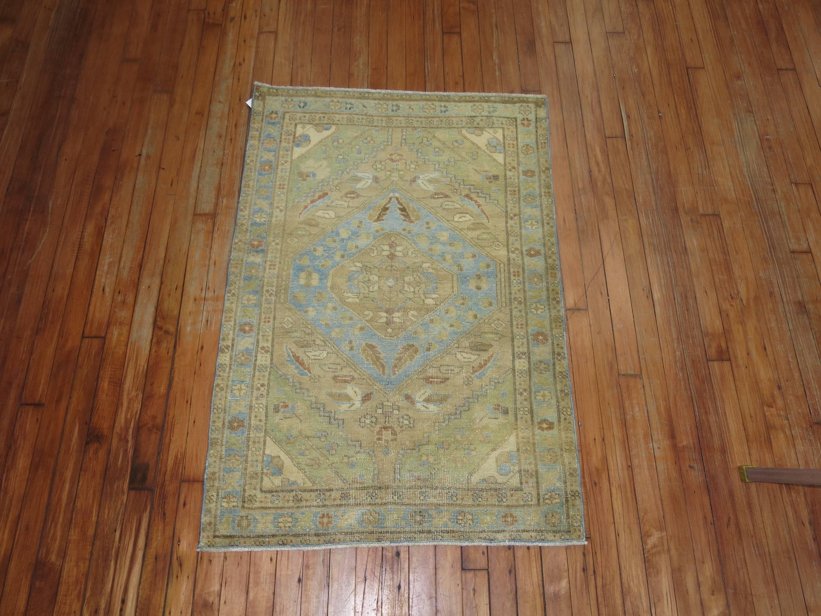 An early 20th century highly decorative Persian Malayer mat size rug. Camel, light blues, and light green accents.

Measures: 2'10'' x 4'3''.