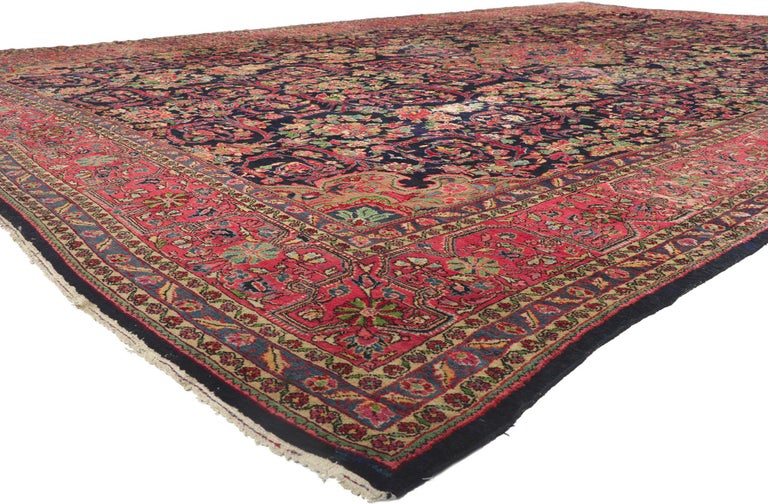 78201 Antique Persian Malayer rug, 12'08 x 20'05. Classic elegance and effortless beauty, this hand-knotted wool antique Persian Malayer rug is poised to impress. A traditional all-over botanical pattern composed of florals and frondescence unfolds