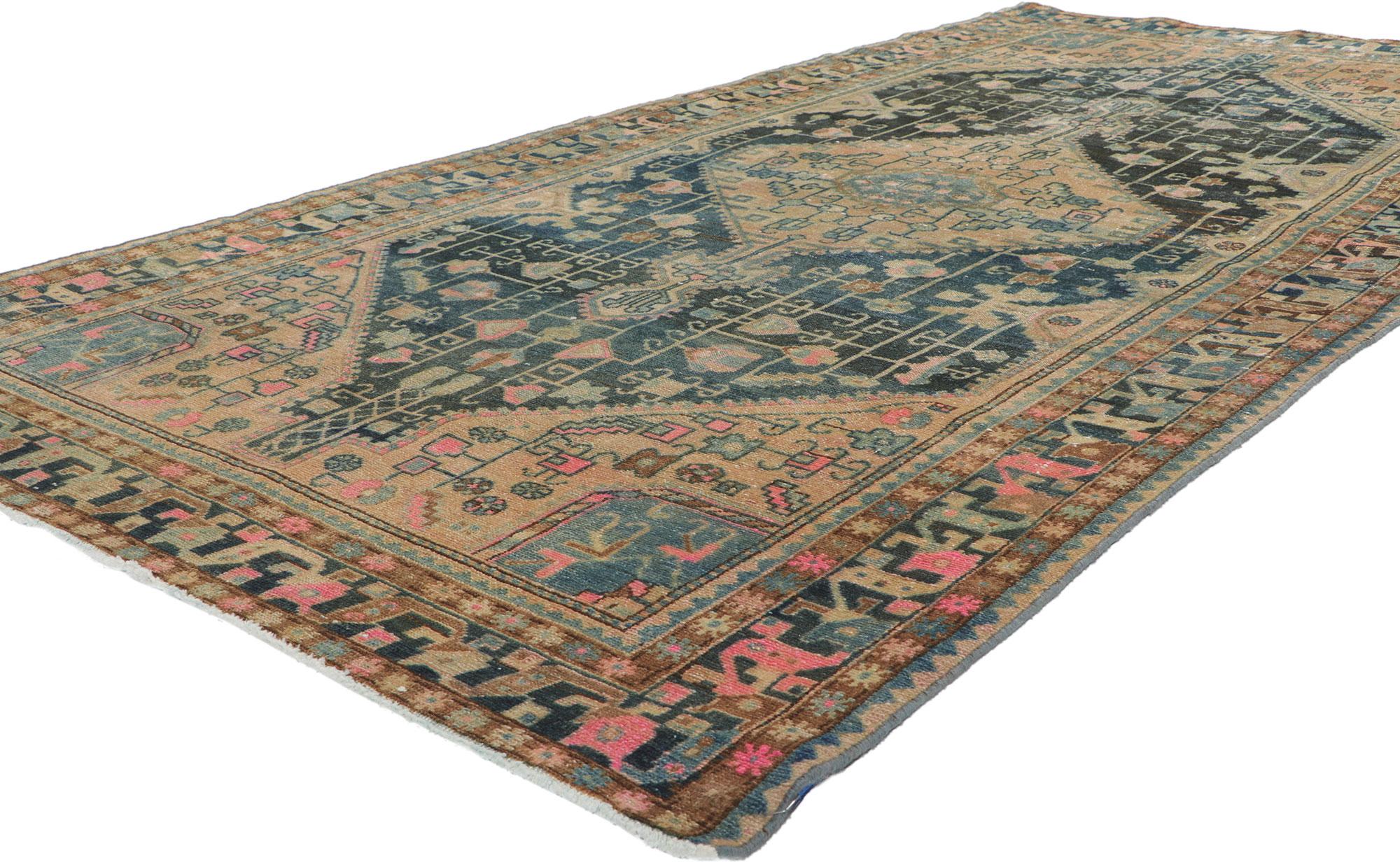 60957 Distressed Antique-Worn Persian Malayer Rug, 04'07 x 08'09.
Prepare to be transported to a mystical realm of captivating wonder summoning visions of ancient enchantments with this hand knotted wool antique Persian Malayer rug appearing as your