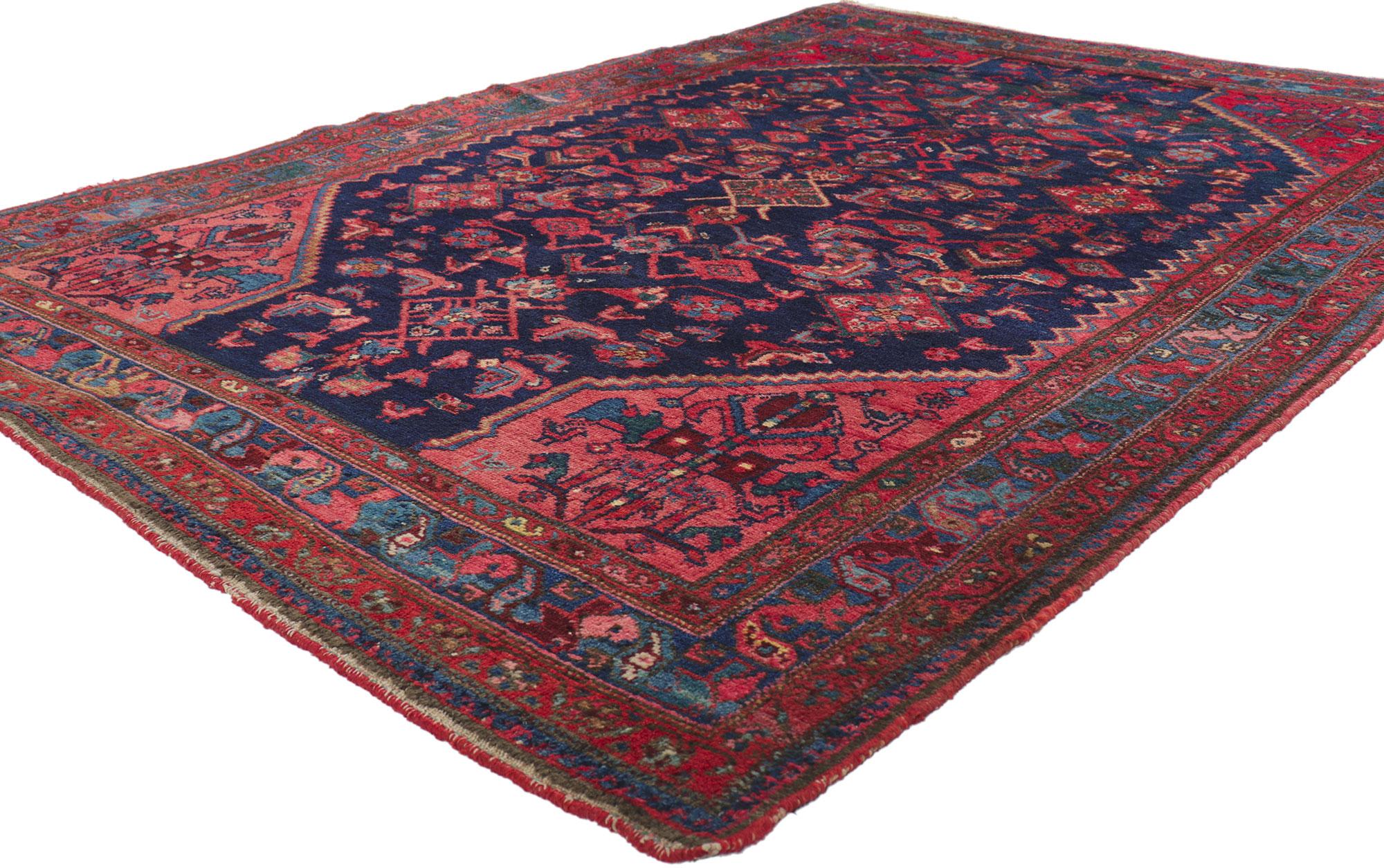 78420 Antique Persian Malayer Rug, 04'11 x 07'03. With its timeless Herati design and modern style, this hand-knotted wool antique Persian Malayer rug is poised to impress. The eye-catching allover pattern and saturated color palette woven into this
