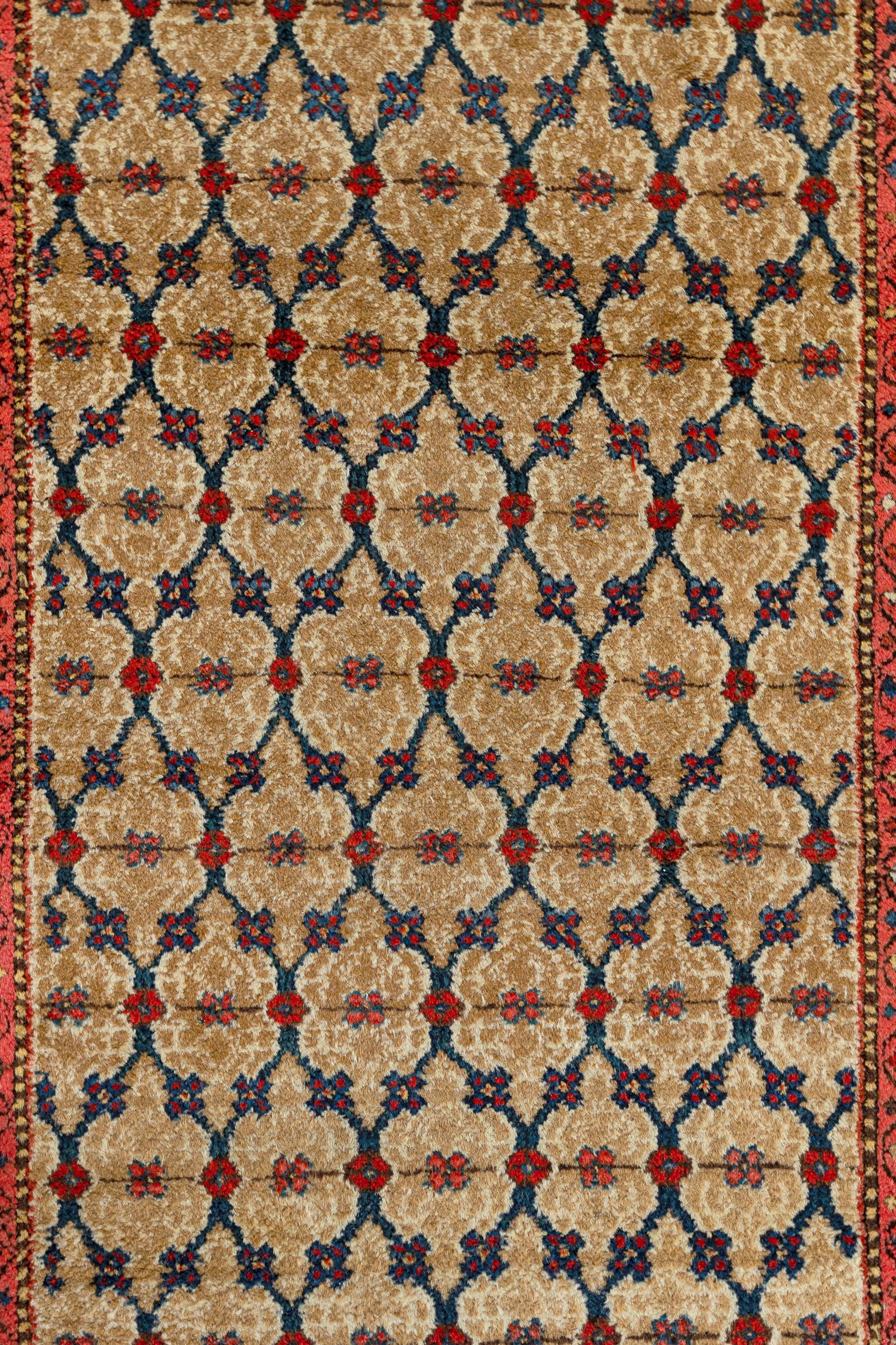 Malayer - Nordwestpersien

Antiker persischer Malayer-Teppich, handgewebt zwischen den 1900er und 1920er Jahren. Zahlreiche Rauten sind durch Blumen verbunden, die sich von dem sandfarbenen Hintergrund des Malayers abheben und an von der Sonne