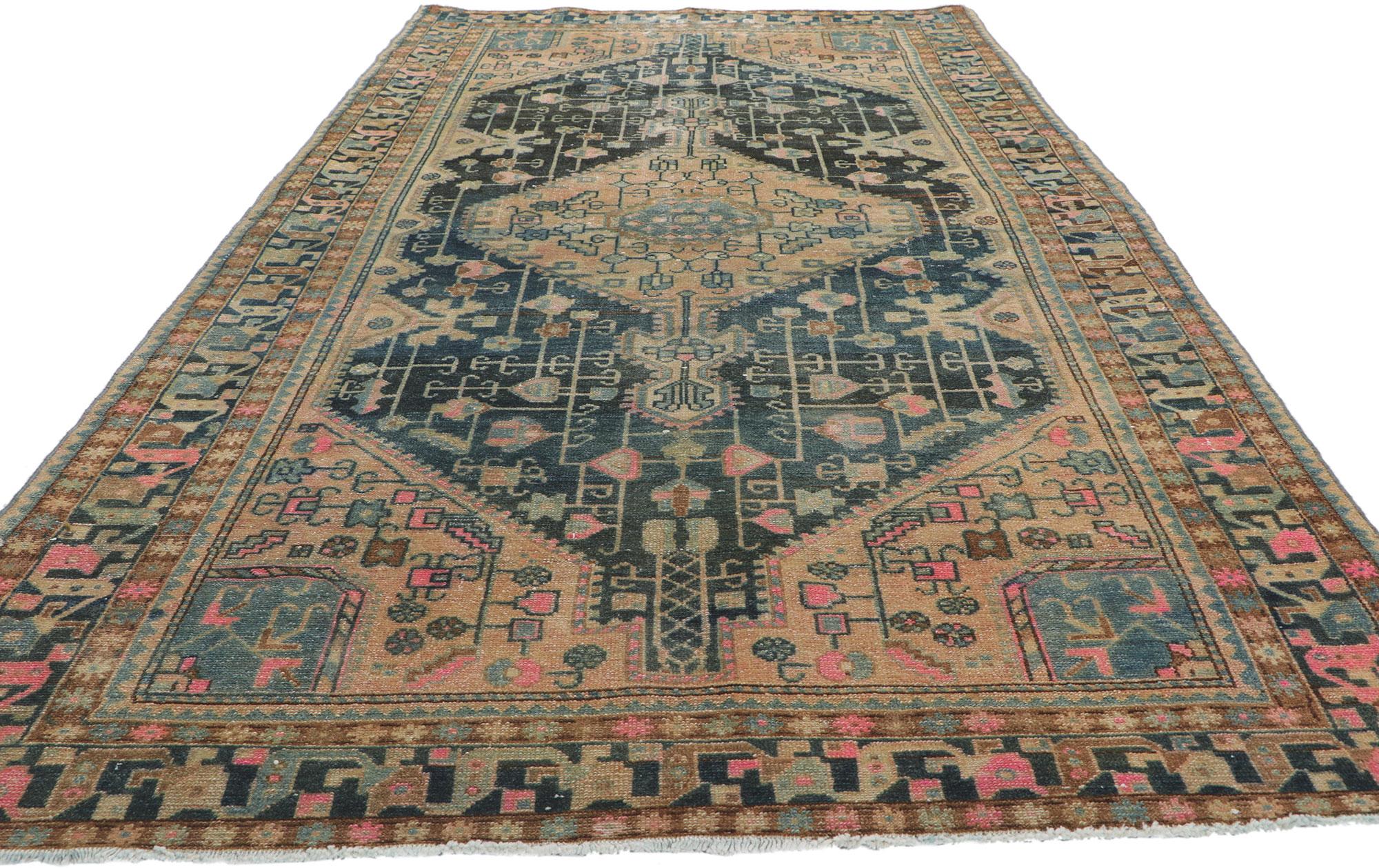Hand-Knotted Antique-Worn Persian Malayer Rug, Nomadic Charm Meets Bohemian Elegance For Sale