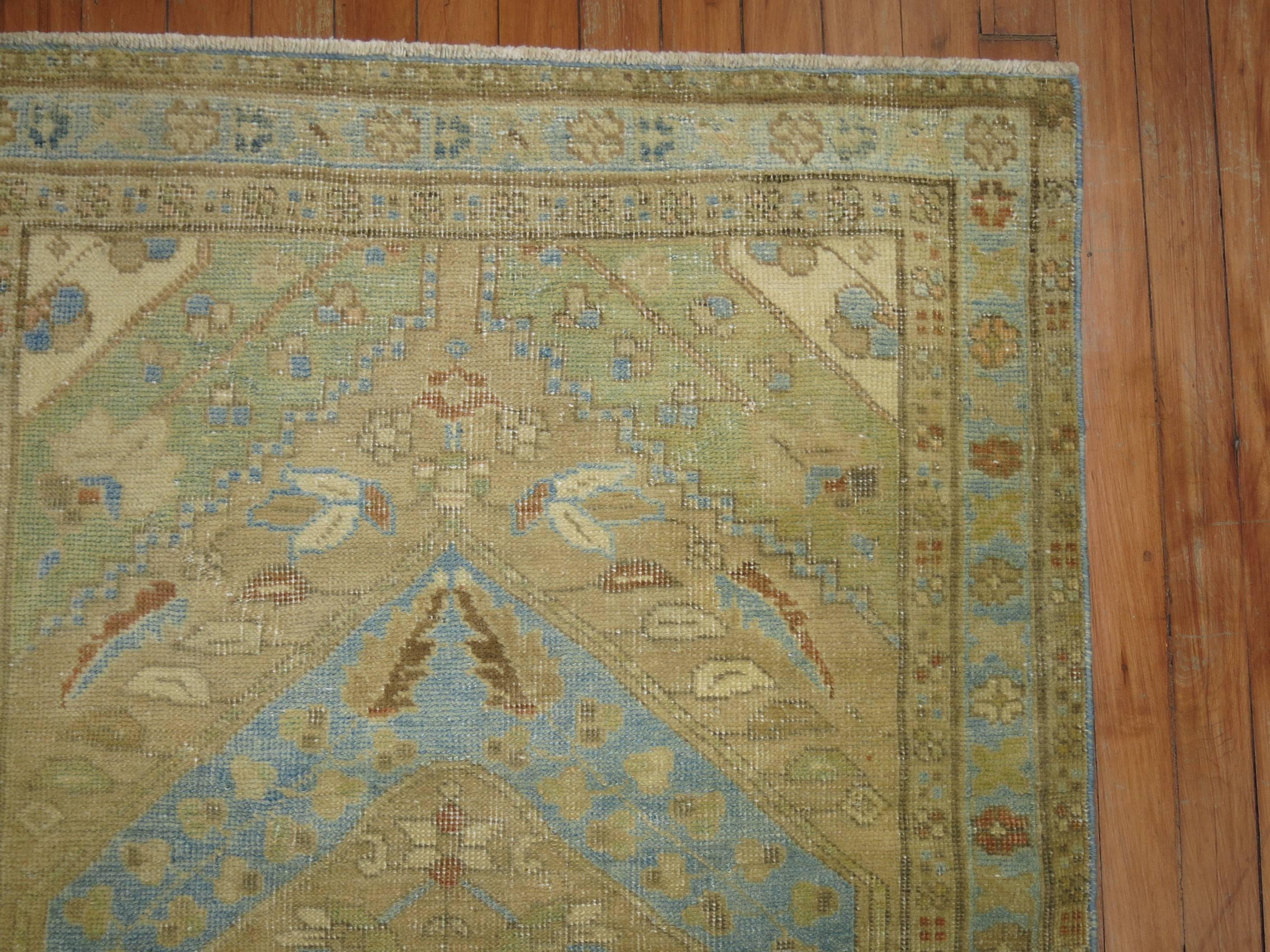 Hand-Woven Light Camel Green Blue Antique Persian Malayer Rug For Sale