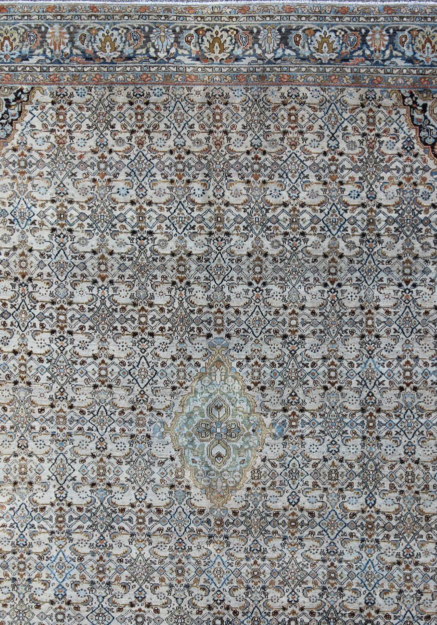 Wool Antique Persian Malayer Unique Rug in Steel Blue Border and Ivory Background
