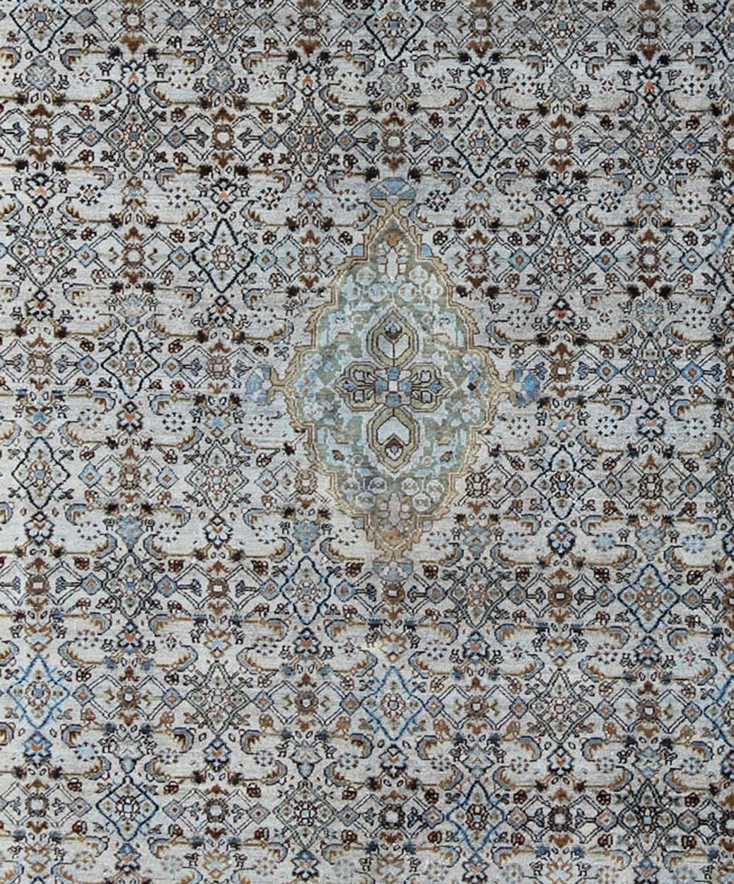 Antique Persian Malayer Unique Rug in Steel Blue Border and Ivory Background 1