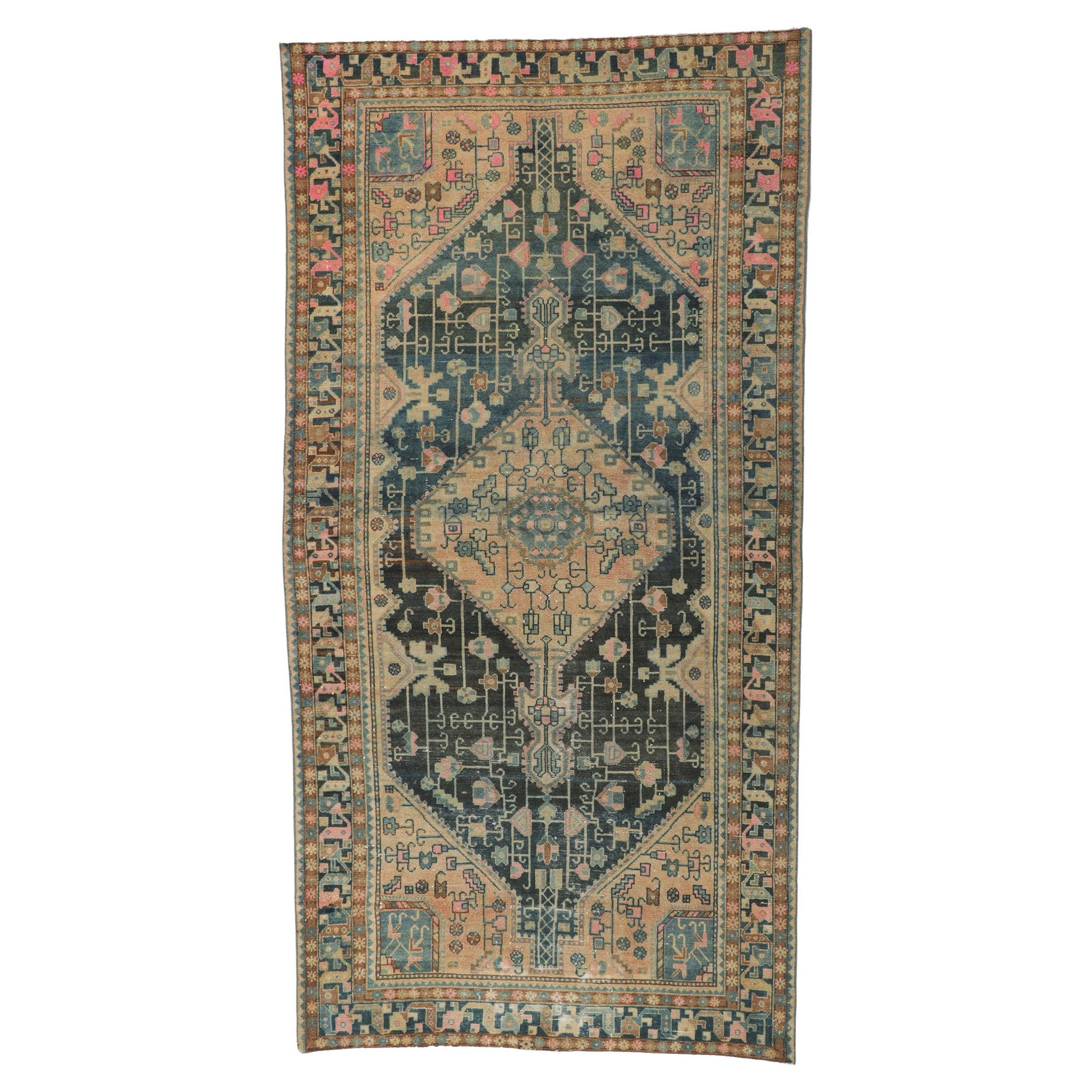 Antique-Worn Persian Malayer Rug, Nomadic Charm Meets Bohemian Elegance For Sale
